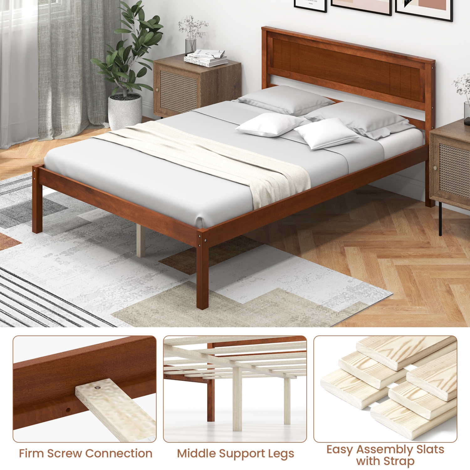 Costway Full/Queen/Twin Size Wooden Platform Bed Frame with Headboard Mattress Foundation Walnut