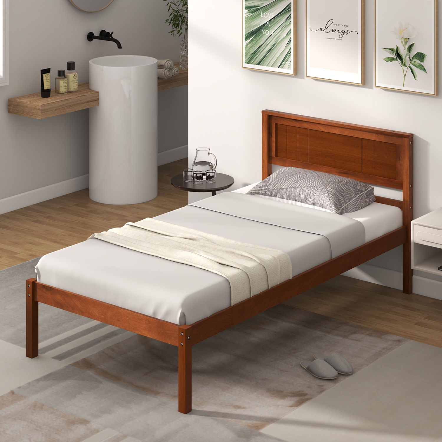 Costway Full/Queen/Twin Size Wooden Platform Bed Frame with Headboard Mattress Foundation Walnut