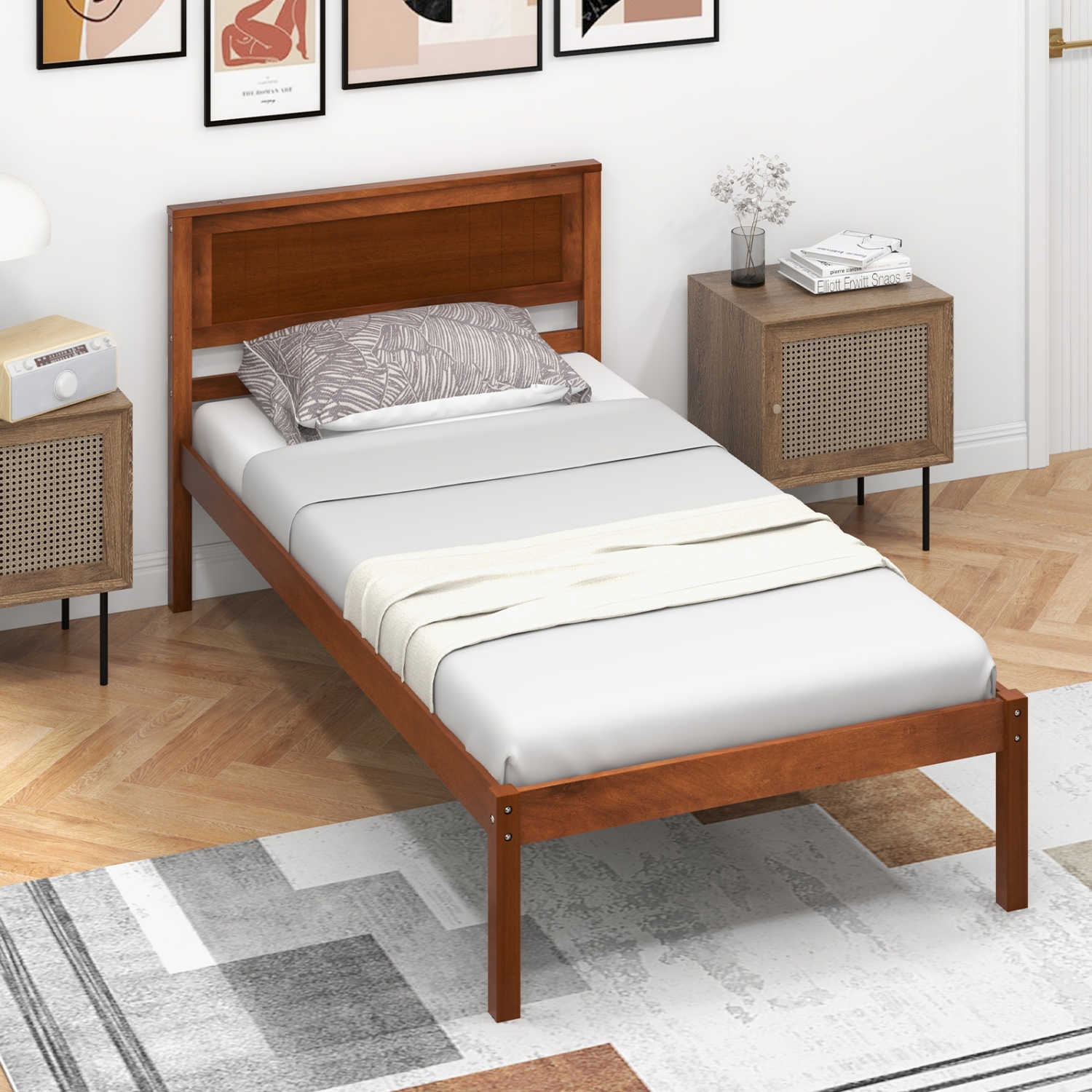 Costway Full/Queen/Twin Size Wooden Platform Bed Frame with Headboard Mattress Foundation Walnut