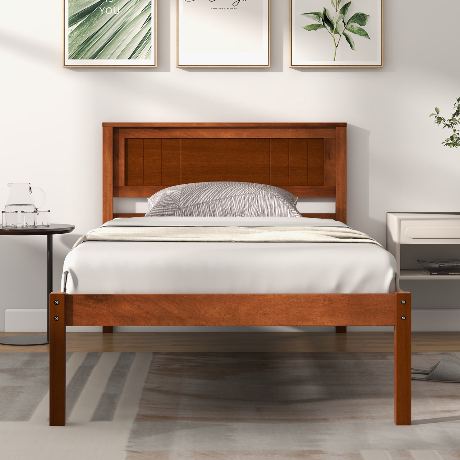 Costway Full/Queen/Twin Size Wooden Platform Bed Frame with Headboard Mattress Foundation Walnut