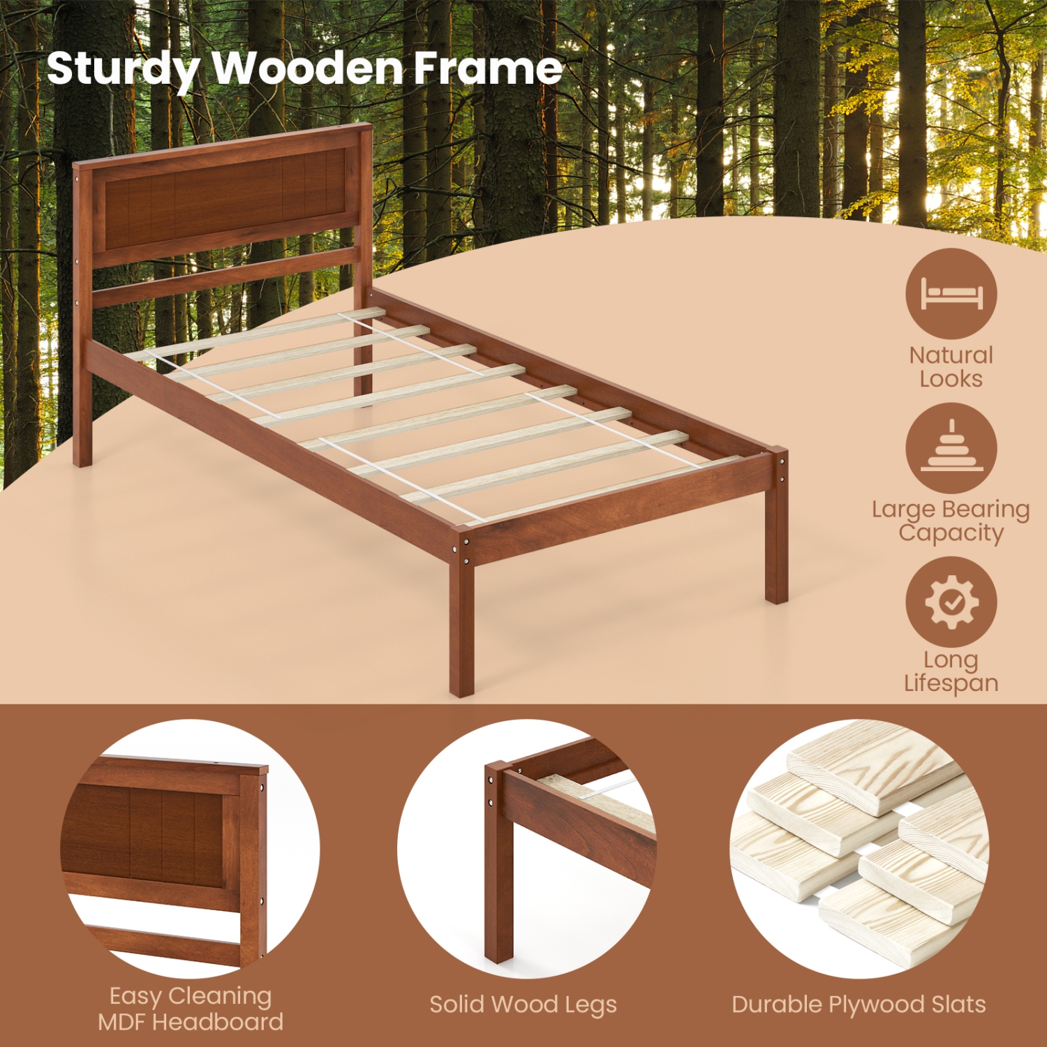 Costway Full/Queen/Twin Size Wooden Platform Bed Frame with Headboard Mattress Foundation Walnut