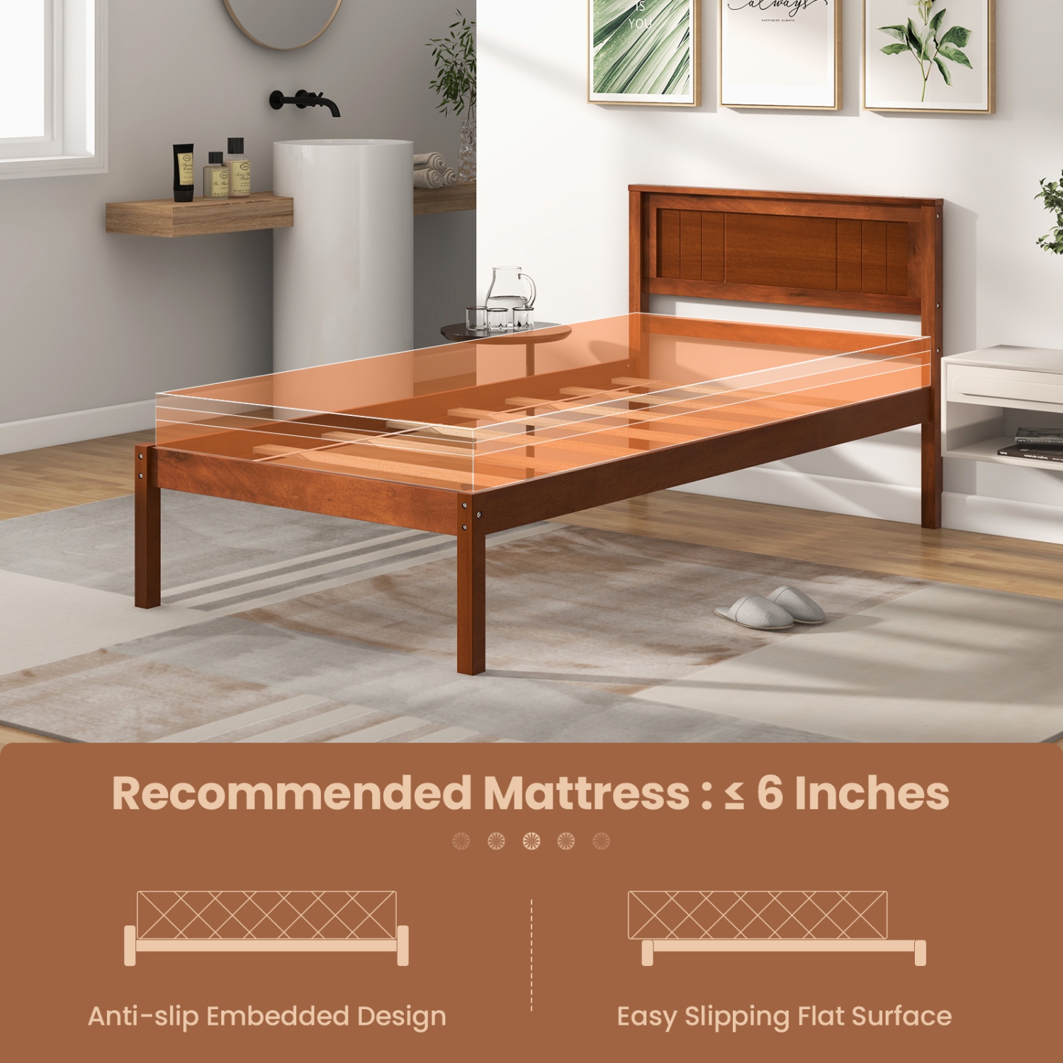 Costway Full/Queen/Twin Size Wooden Platform Bed Frame with Headboard Mattress Foundation Walnut