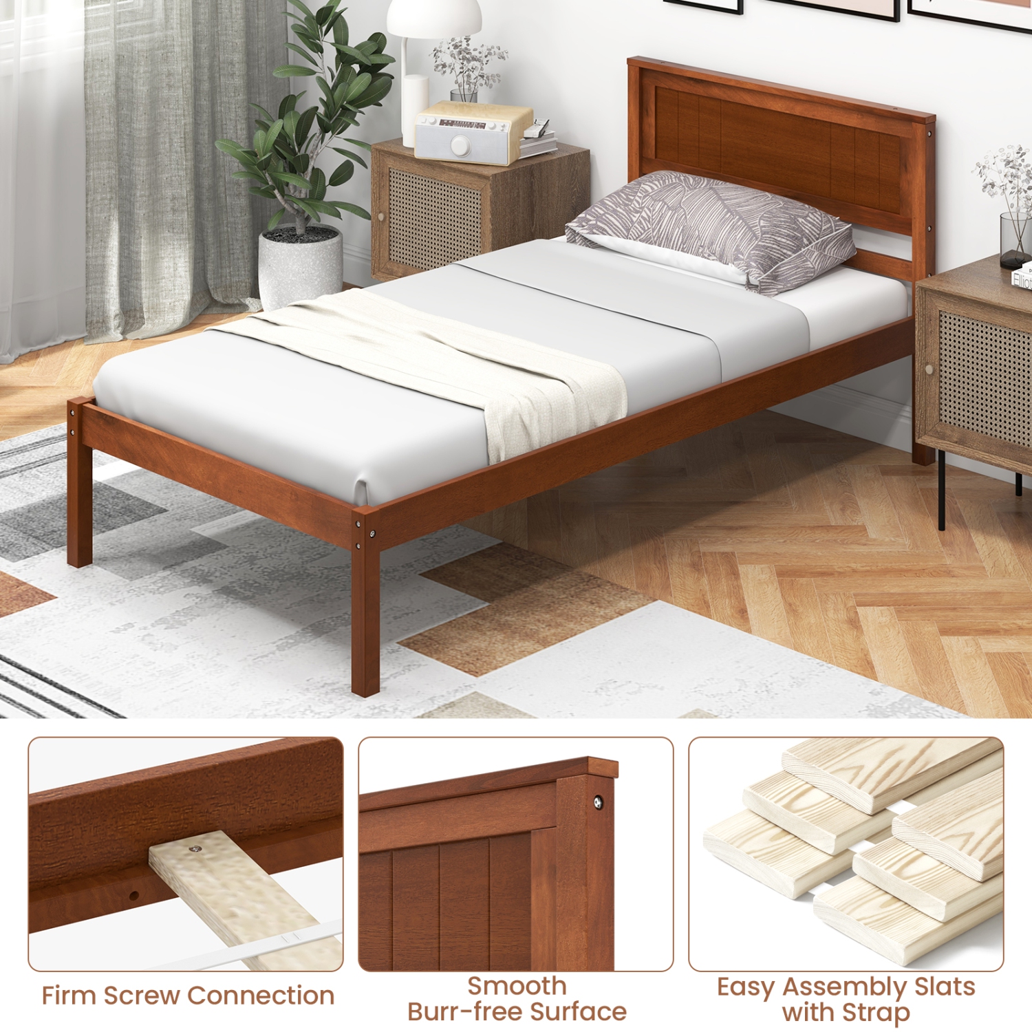 Costway Full/Queen/Twin Size Wooden Platform Bed Frame with Headboard Mattress Foundation Walnut