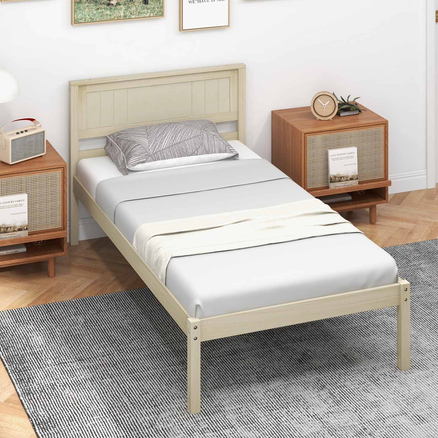 Costway Full/Queen/Twin Size Wooden Platform Bed Frame with Headboard Mattress Foundation Natural