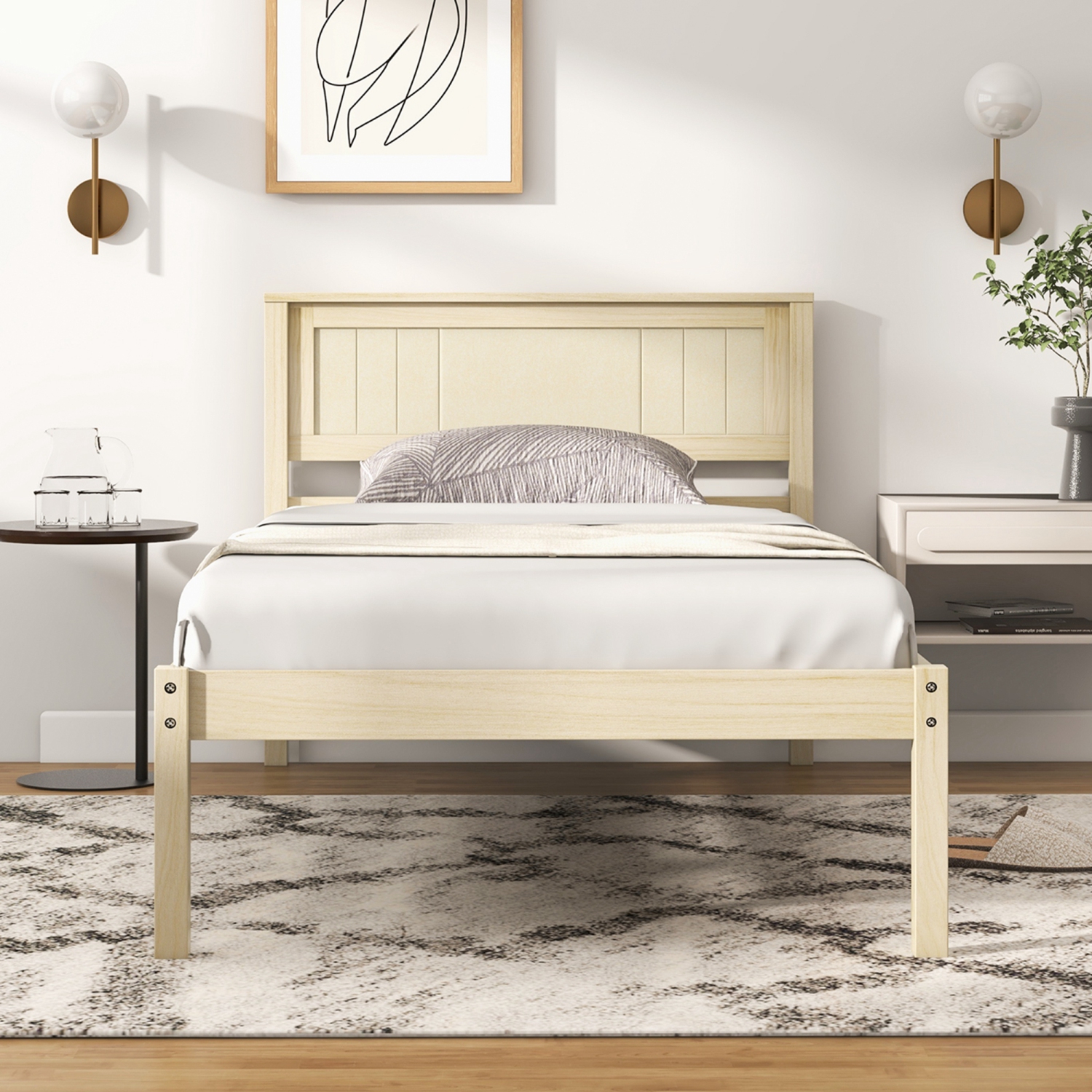 Costway Full/Queen/Twin Size Wooden Platform Bed Frame with Headboard Mattress Foundation Natural