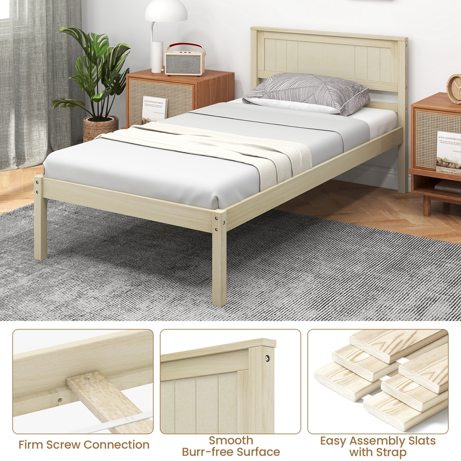 Costway Full/Queen/Twin Size Wooden Platform Bed Frame with Headboard Mattress Foundation Natural