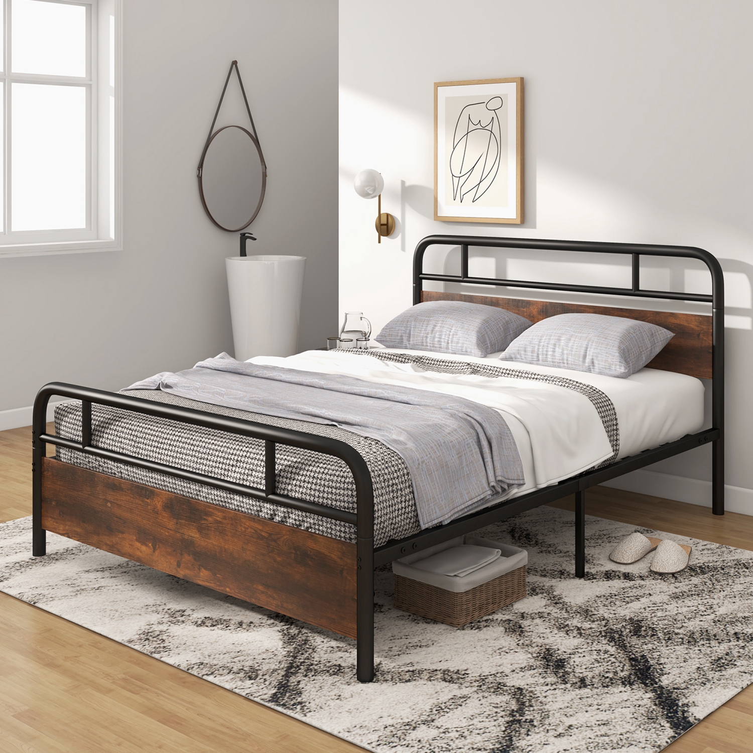 Costway Metal Platform Bed Frame Industrial Headboard Mattress Foundation