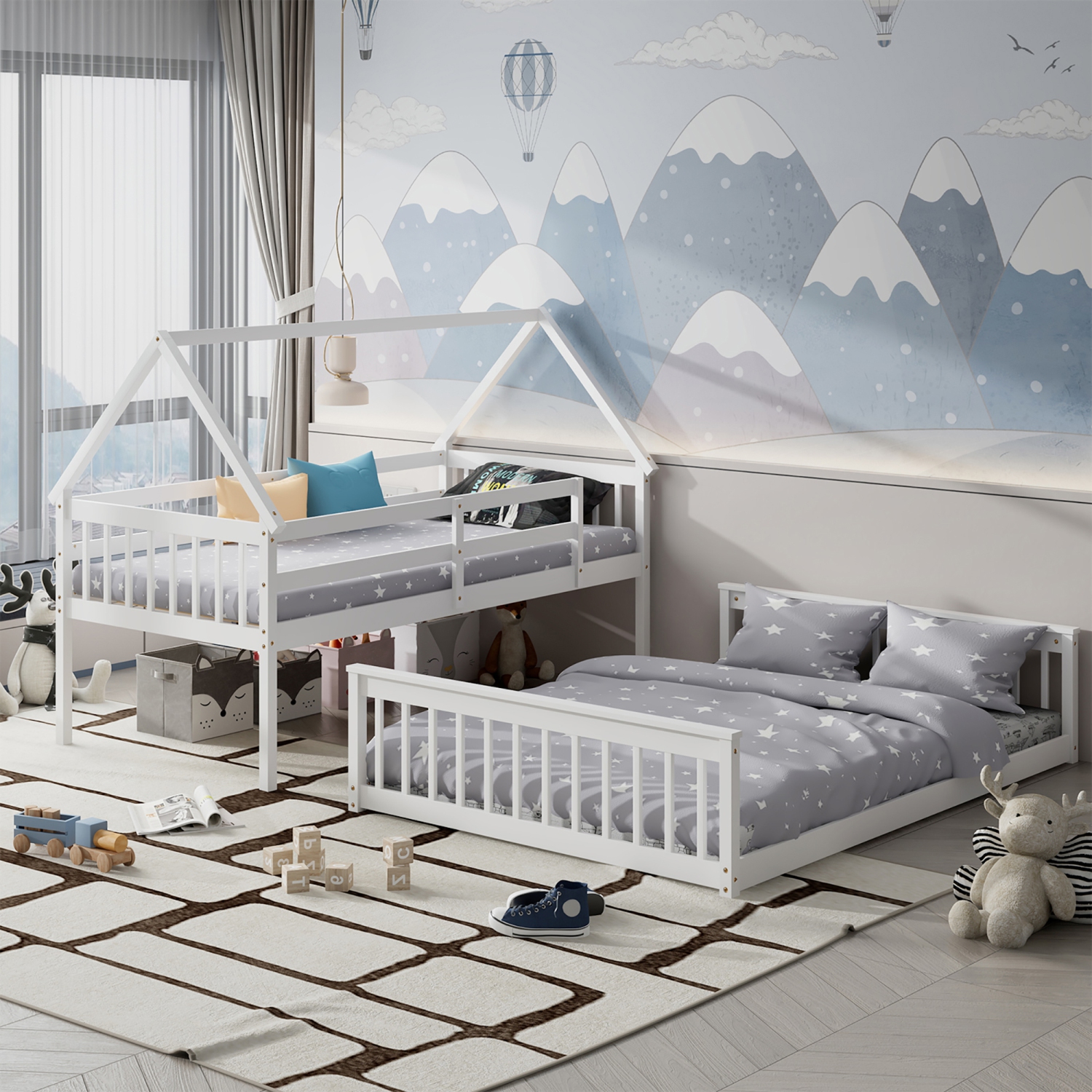 Costway Twin Over Full House Bunk Bed with Ladder & Guardrails Convertible to 2 Beds