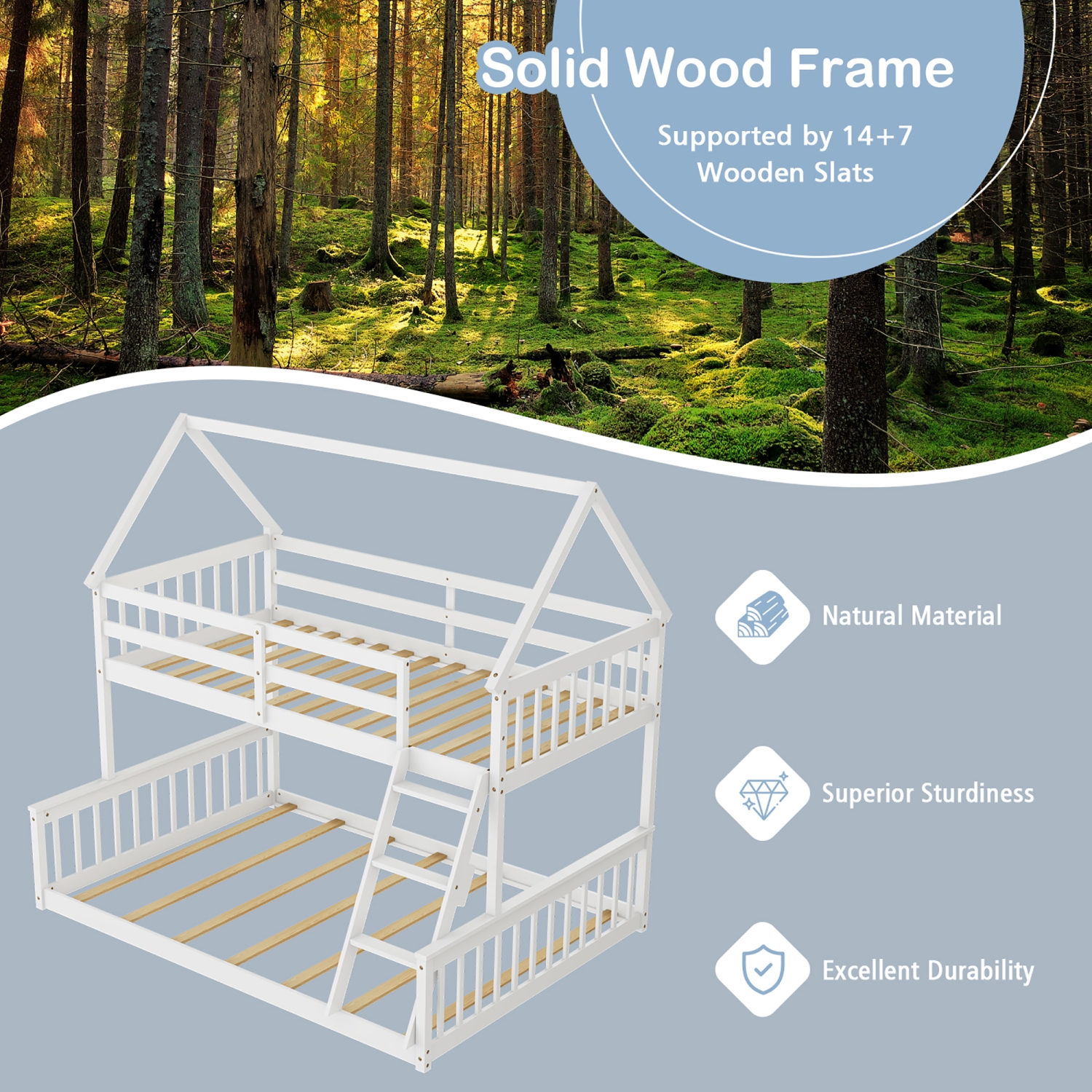 Costway Twin Over Full House Bunk Bed with Ladder & Guardrails Convertible to 2 Beds