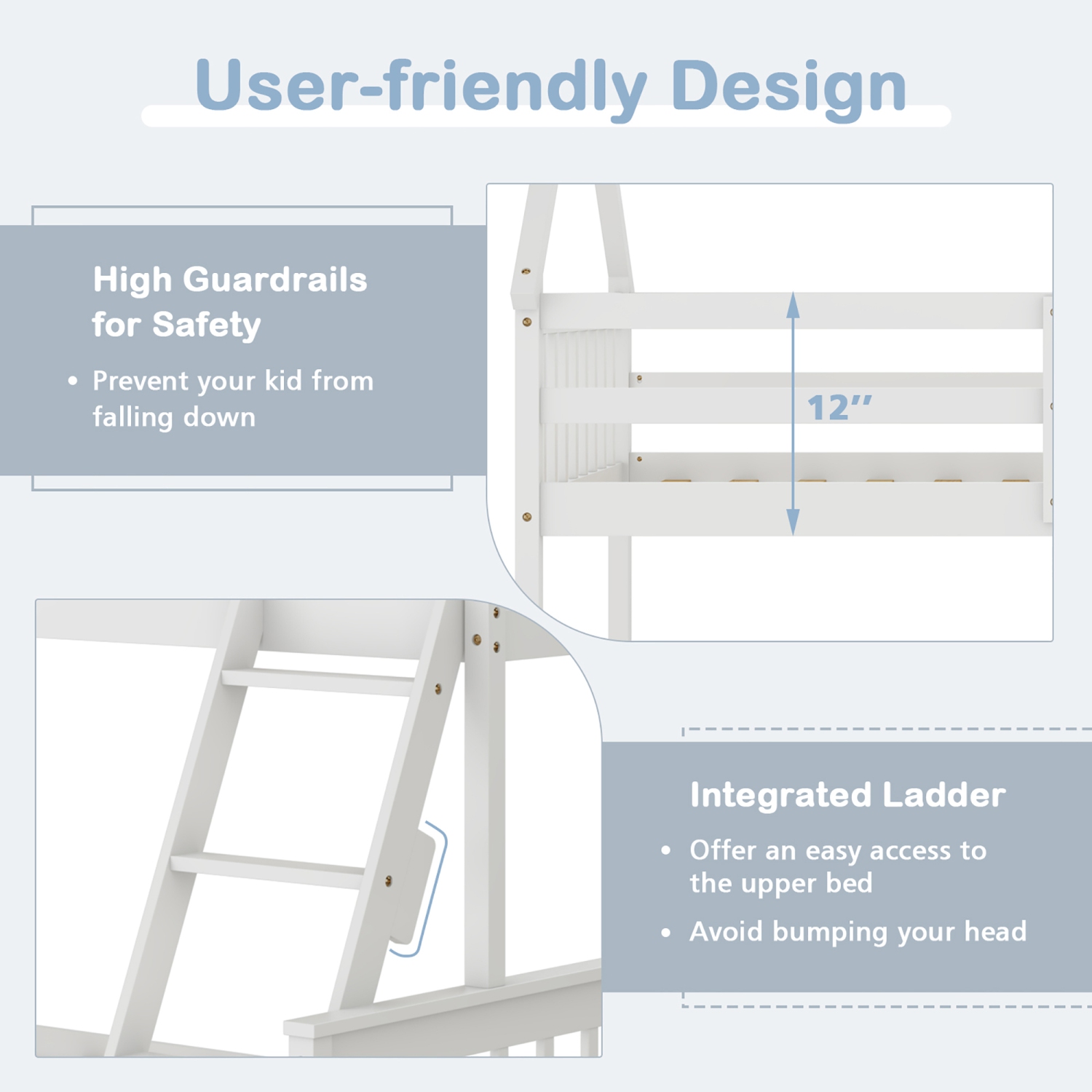 Costway Twin Over Full House Bunk Bed with Ladder & Guardrails Convertible to 2 Beds