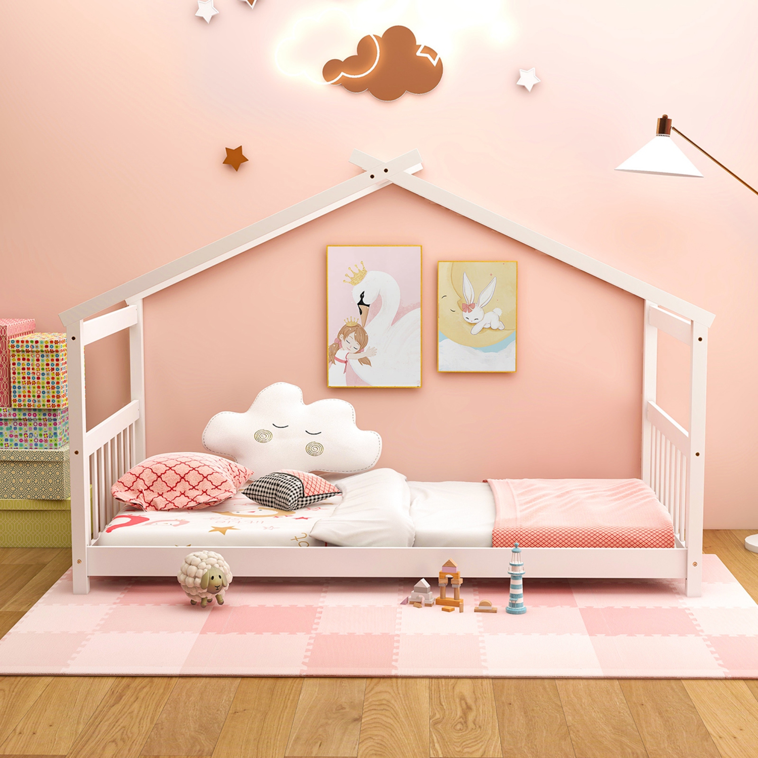 Chambre lit jumeau avec toit bas en bois de Costway Pas besoin de sommier Naturel/Gris/Blanc