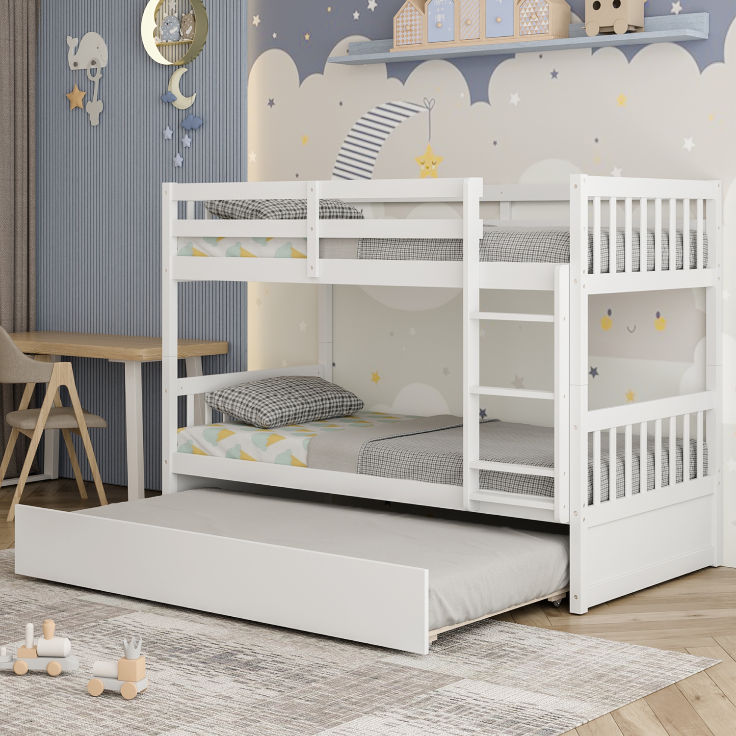 Costway Twin Over Twin Bunk Bed with Twin Trundle Solid Wood Frame Espresso/White