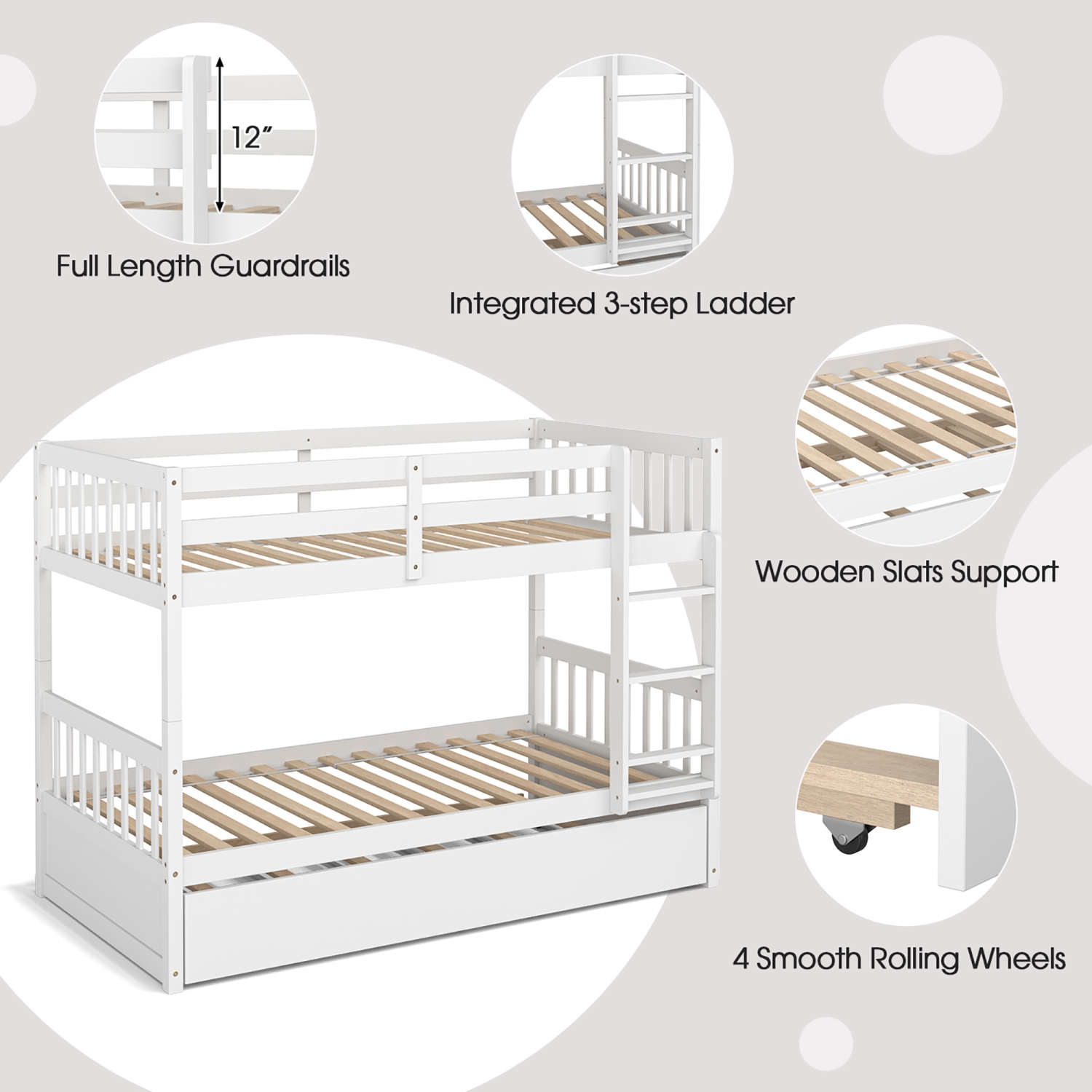 Costway Twin Over Twin Bunk Bed with Twin Trundle Solid Wood Frame Espresso/White