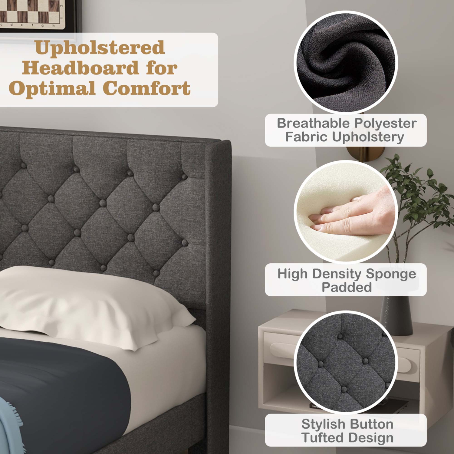 Costway Full/Queen/Twin Size Upholstered Platform Bed Tufted Headboard Mattress Foundation Grey