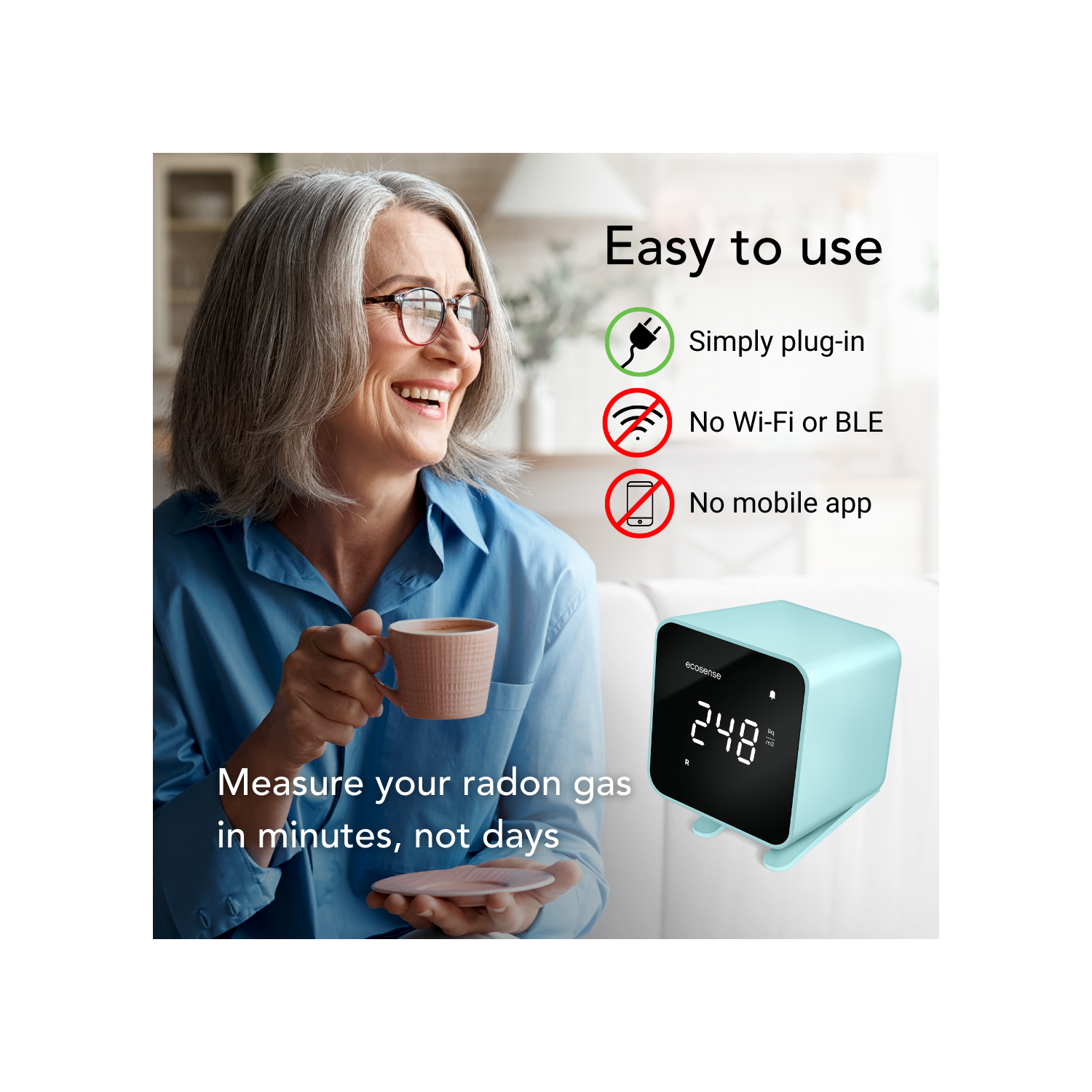 EcoSense EB100B EcoBlu, détecteur de radon domestique, capture et affiche des résultats toutes les 10 minutes, surveillance continue à court et à