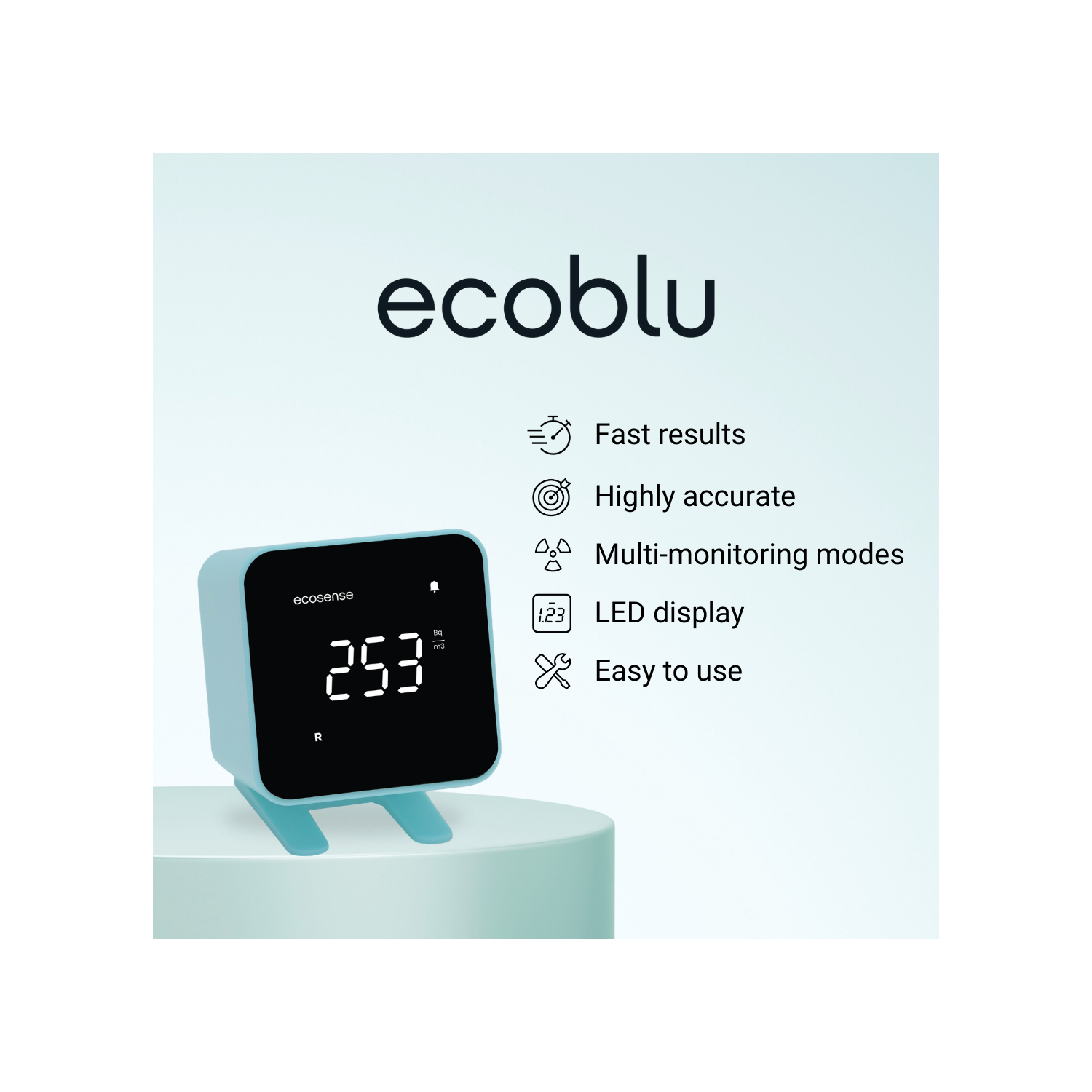 EcoSense EB100B EcoBlu, détecteur de radon domestique, capture et affiche des résultats toutes les 10 minutes, surveillance continue à court et à
