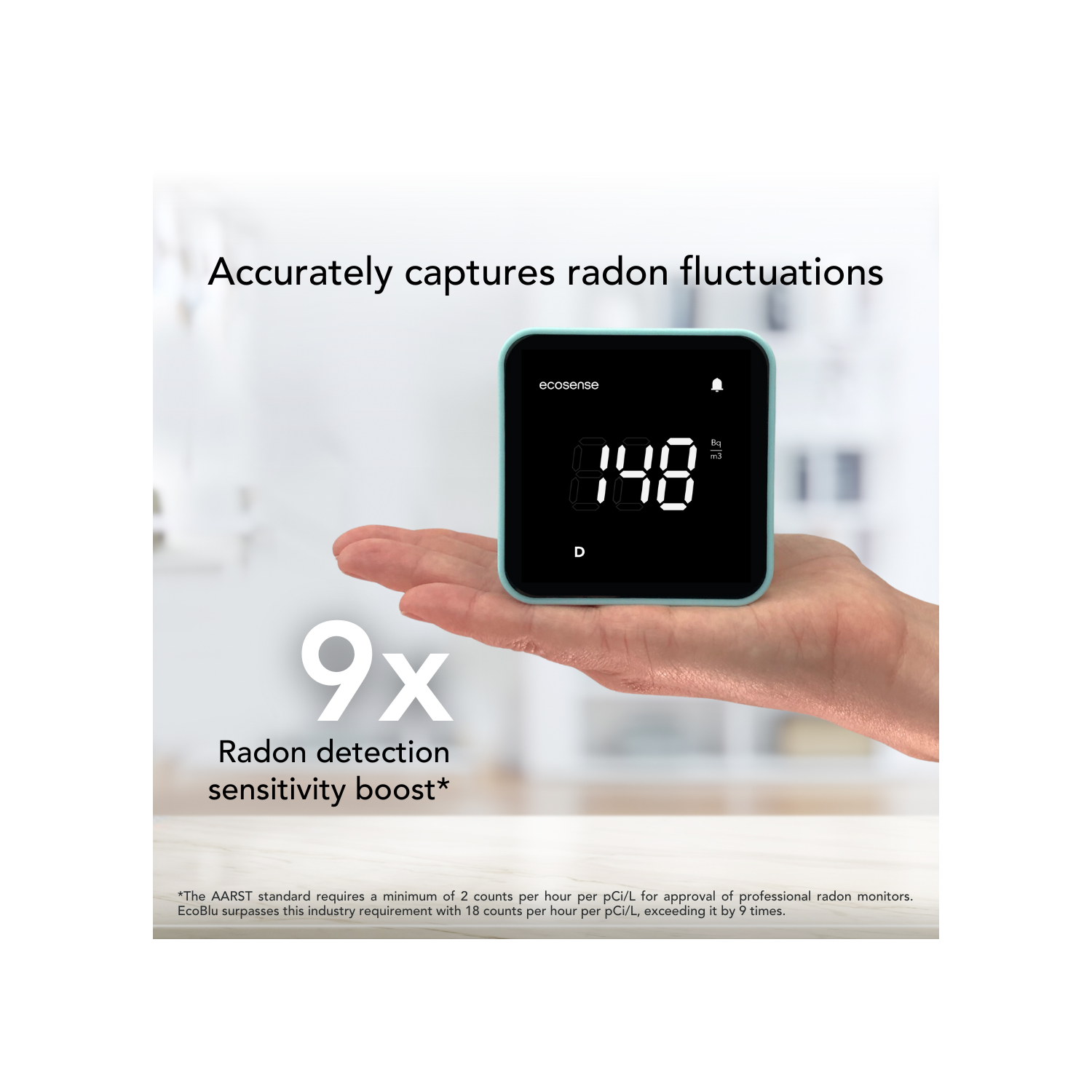 EcoSense EB100B EcoBlu, détecteur de radon domestique, capture et affiche des résultats toutes les 10 minutes, surveillance continue à court et à