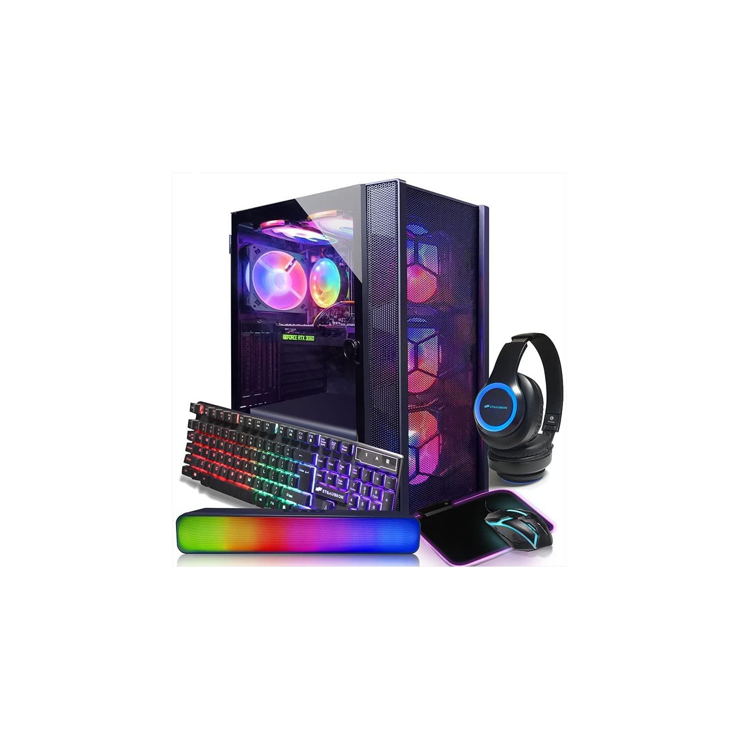 STGAubron Gaming Desktop PC,Intel Core i7 up to 3.9G,GeForce RTX 3060 12G GDDR6,32G,1TB SSD,WiFi,BT 5.0,RGB Fanx6,RGB KB,RGB MS,MS Pad,RGB BT Sound Bar,RGB BT Gaming Mic,W10H64