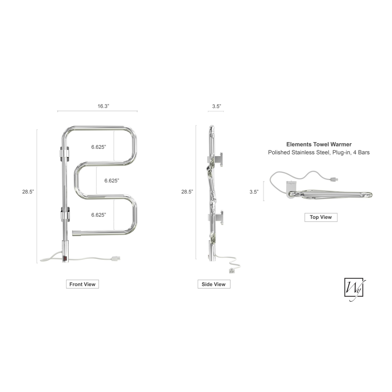 WarmlyYours Elements Electric Towel Warmer 16.3"W x 28.5"H x 3.5"D Polished Plug-in
