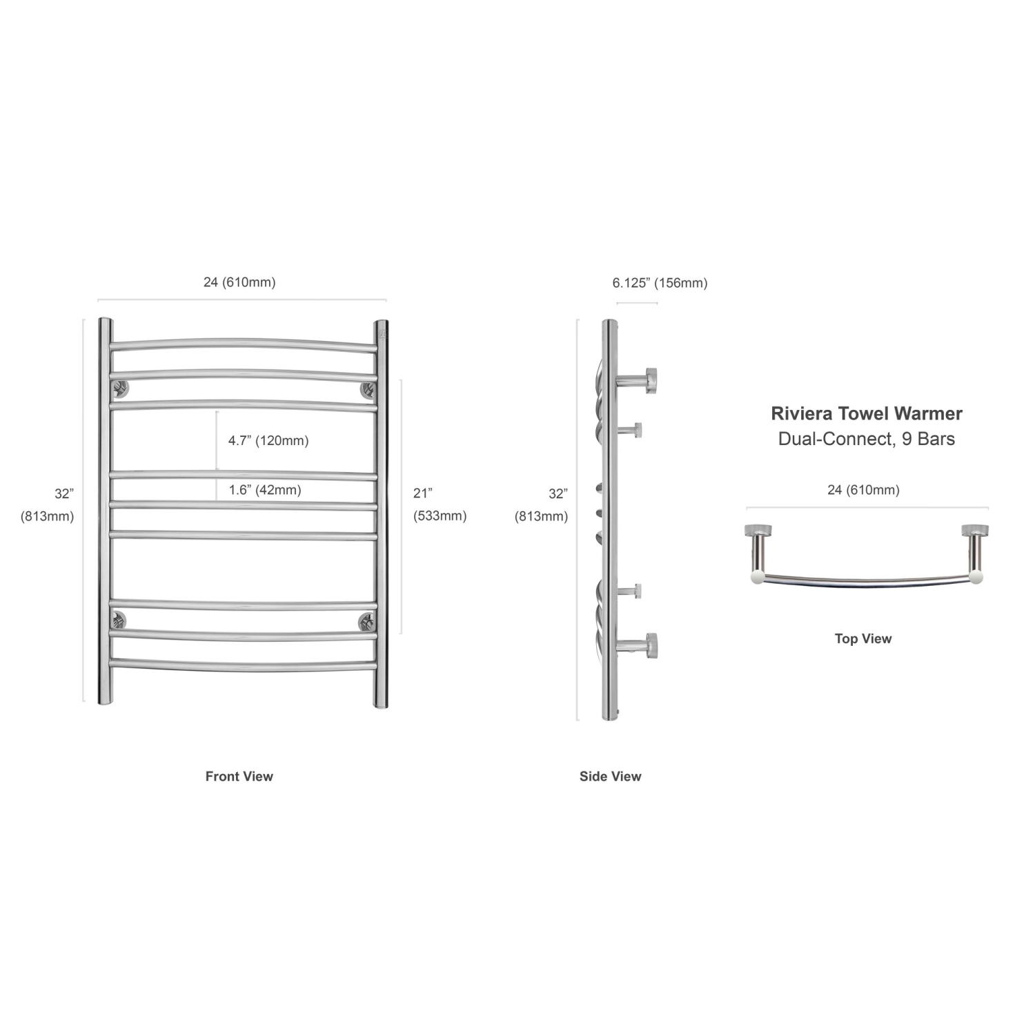 WarmlyYours Riviera Electric Towel Warmer 24"W x 32"H x 6.1"D, Polished, Hardwired or Plug-in