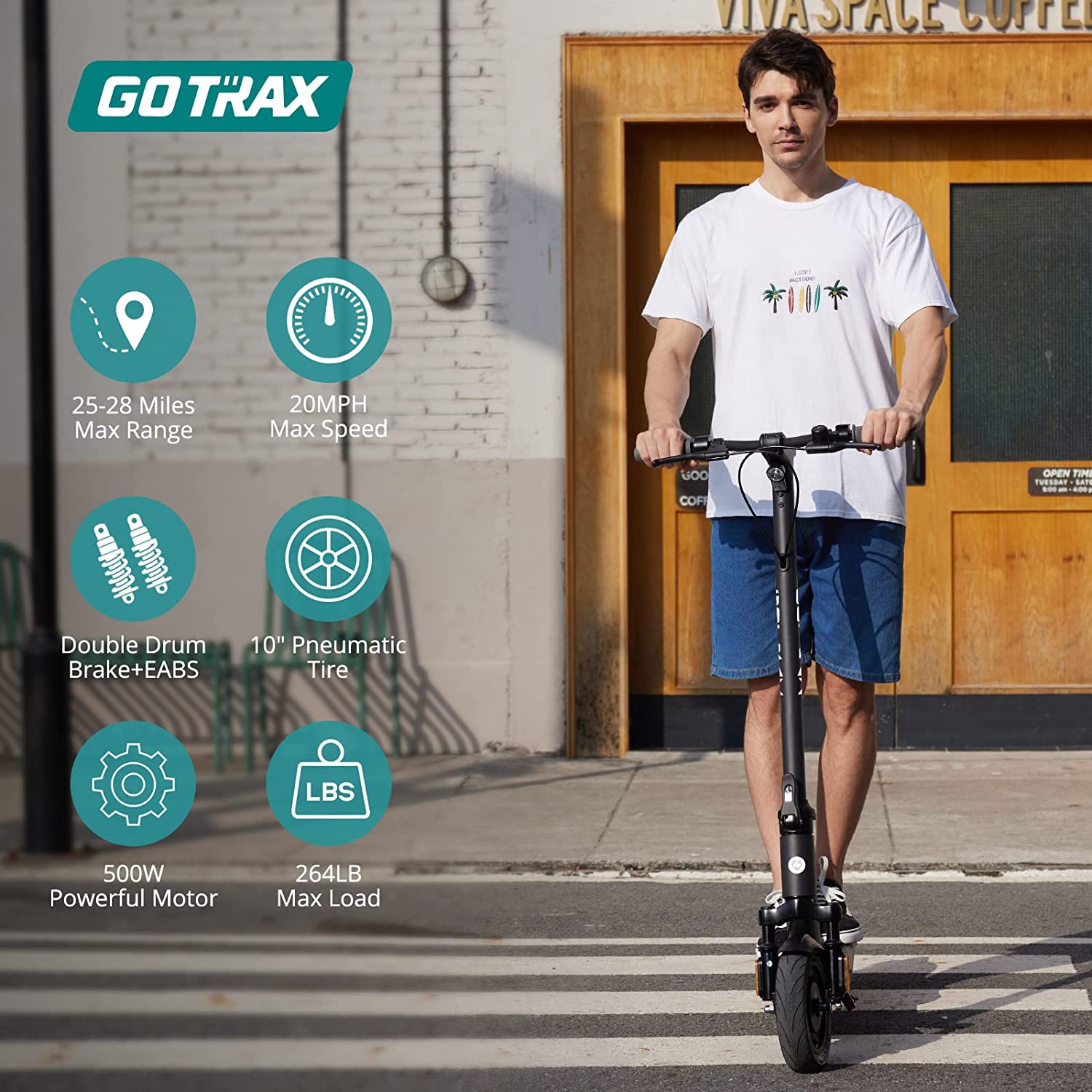 GOTRAX G6 Electric Scooter - 10" Pneumatic Tires, 72 km Max Range, 32 km/h Top Speed, 500W Motor, 6 Hour Charge Time, Auto Cruise Control, Foldable