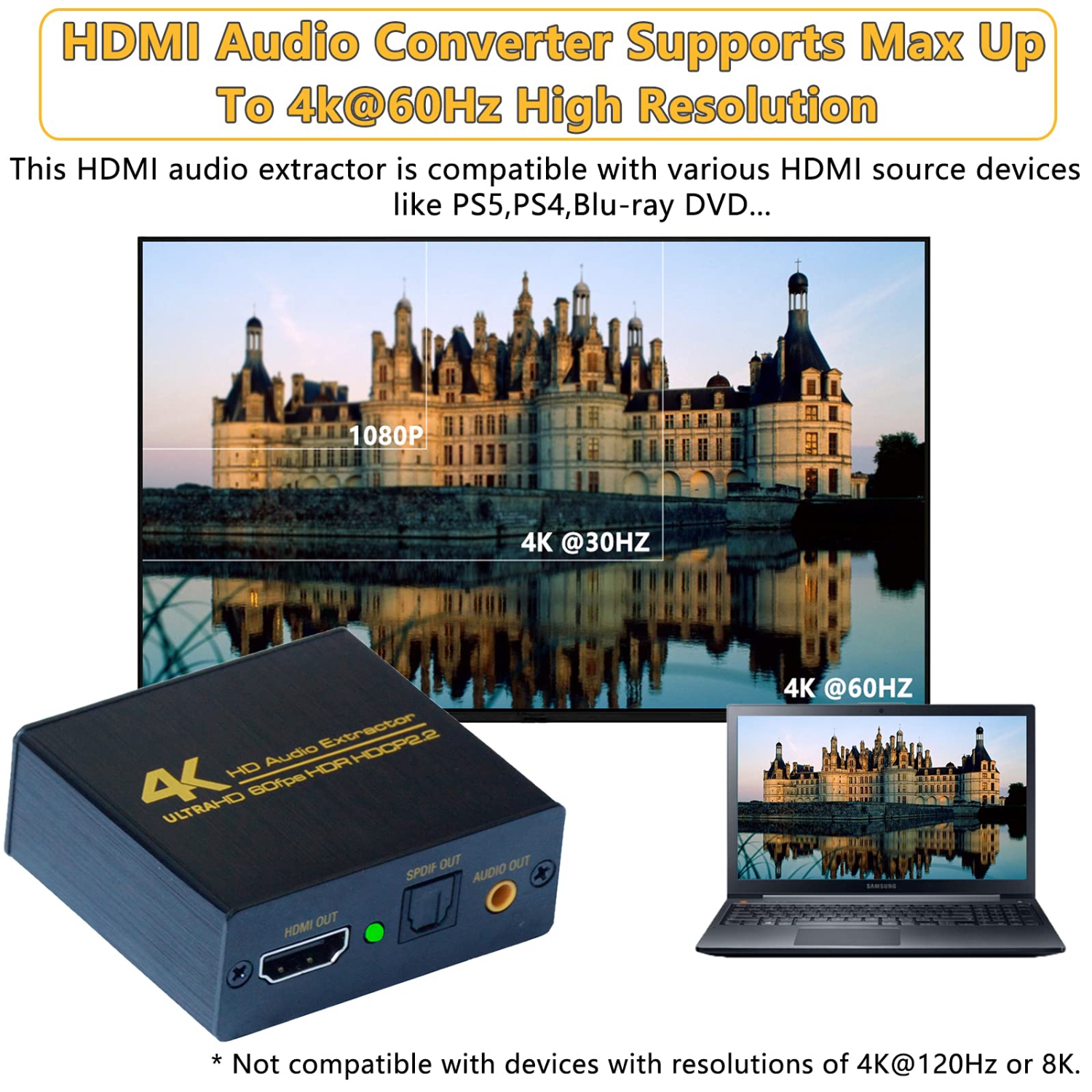 HDMI Audio Extractor 4K 60Hz HDMI Audio répartiteur audio séparateur numérique HDMI optique + analogique 3,5&nbsp;mm répartiteur audio stéréo pour
