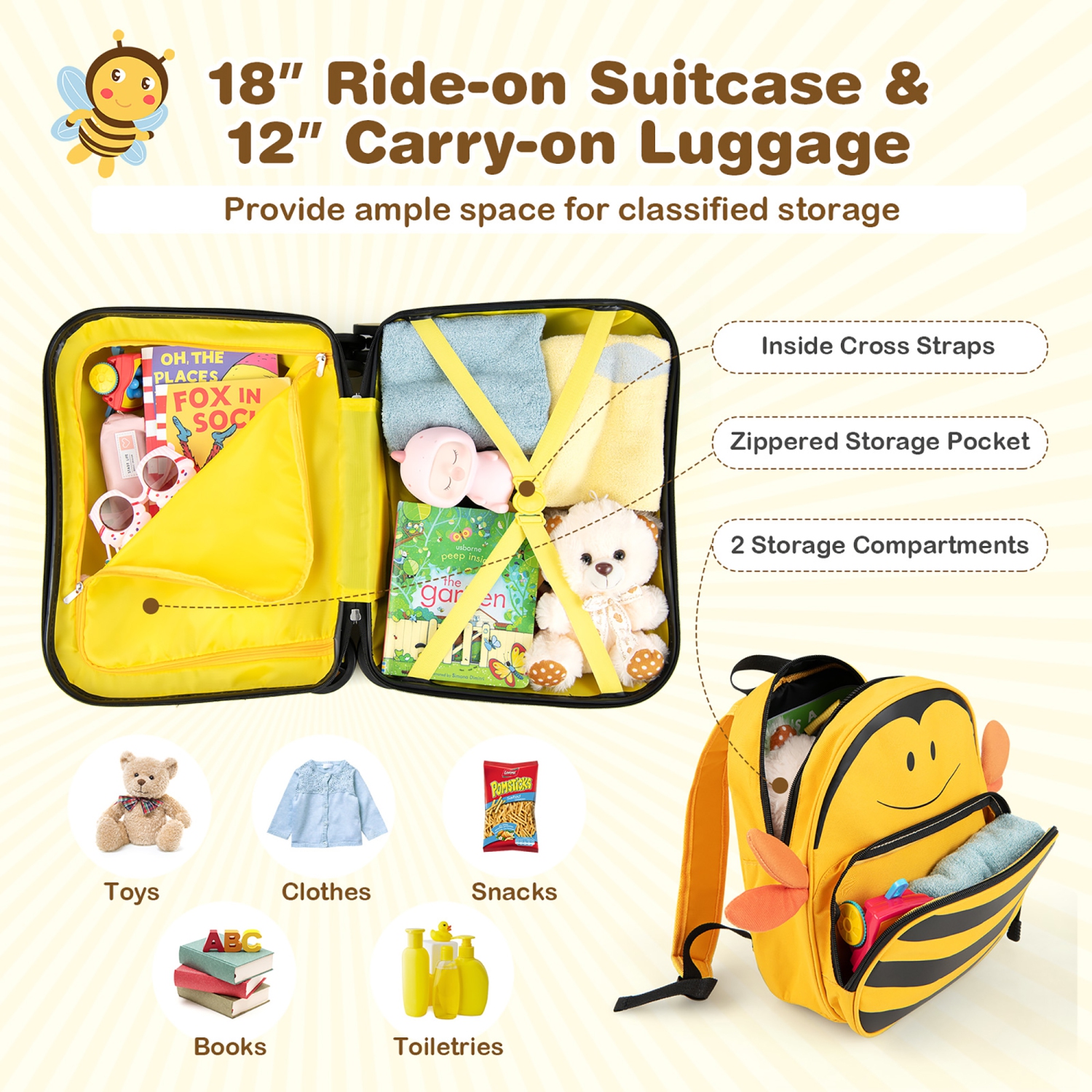 Ensemble de valises porteur 18 po 2PC pour enfants de Costway et corde anti-perte sac à dos 12 po