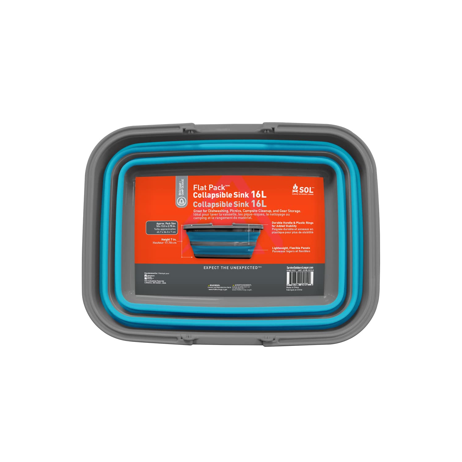 Évier de camping repliable, format plat, 16L