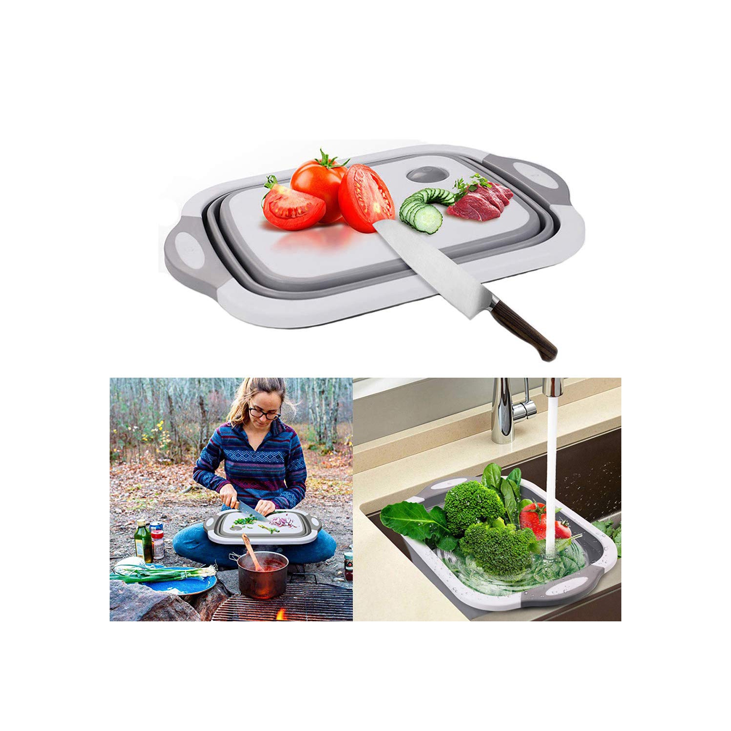 Collapsible Cutting Board with Colander Containers, Foldable Food Grade Silicone Dish Tub Chopping Board, Washing Basin Draining Basket Strainer for