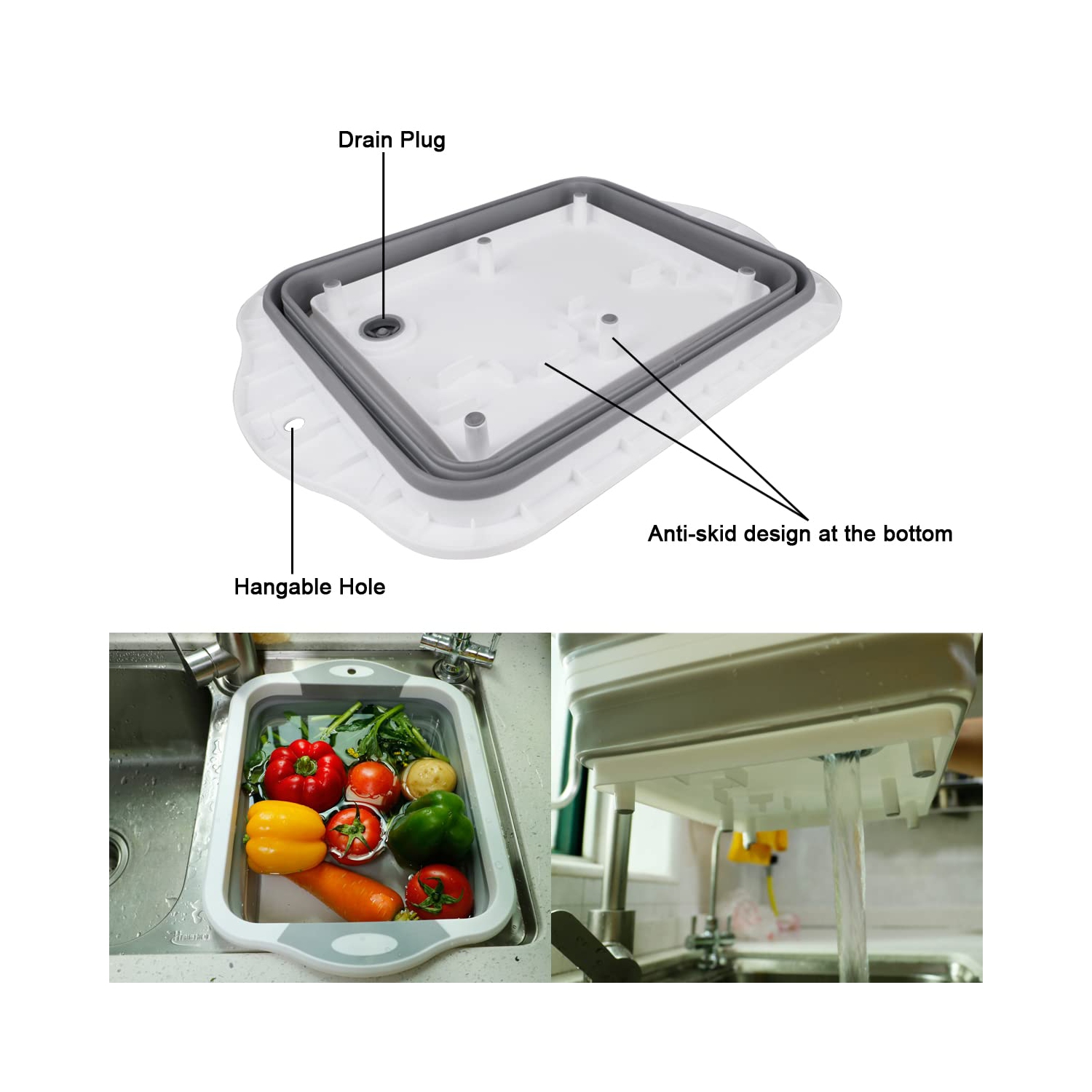 Collapsible Cutting Board with Colander Containers, Foldable Food Grade Silicone Dish Tub Chopping Board, Washing Basin Draining Basket Strainer for