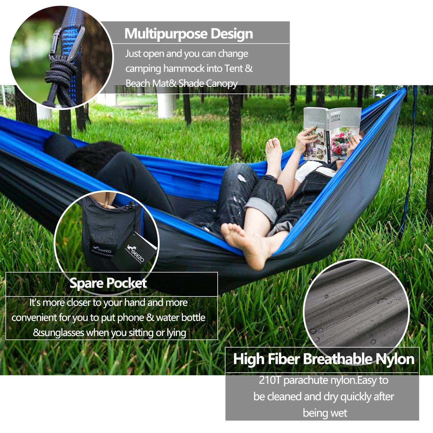 Double Camping Hammock, Lightweight Portable Parachute 500lbs Capacity Hammock for Backpacking, Camping, Travel, Beach, Garden