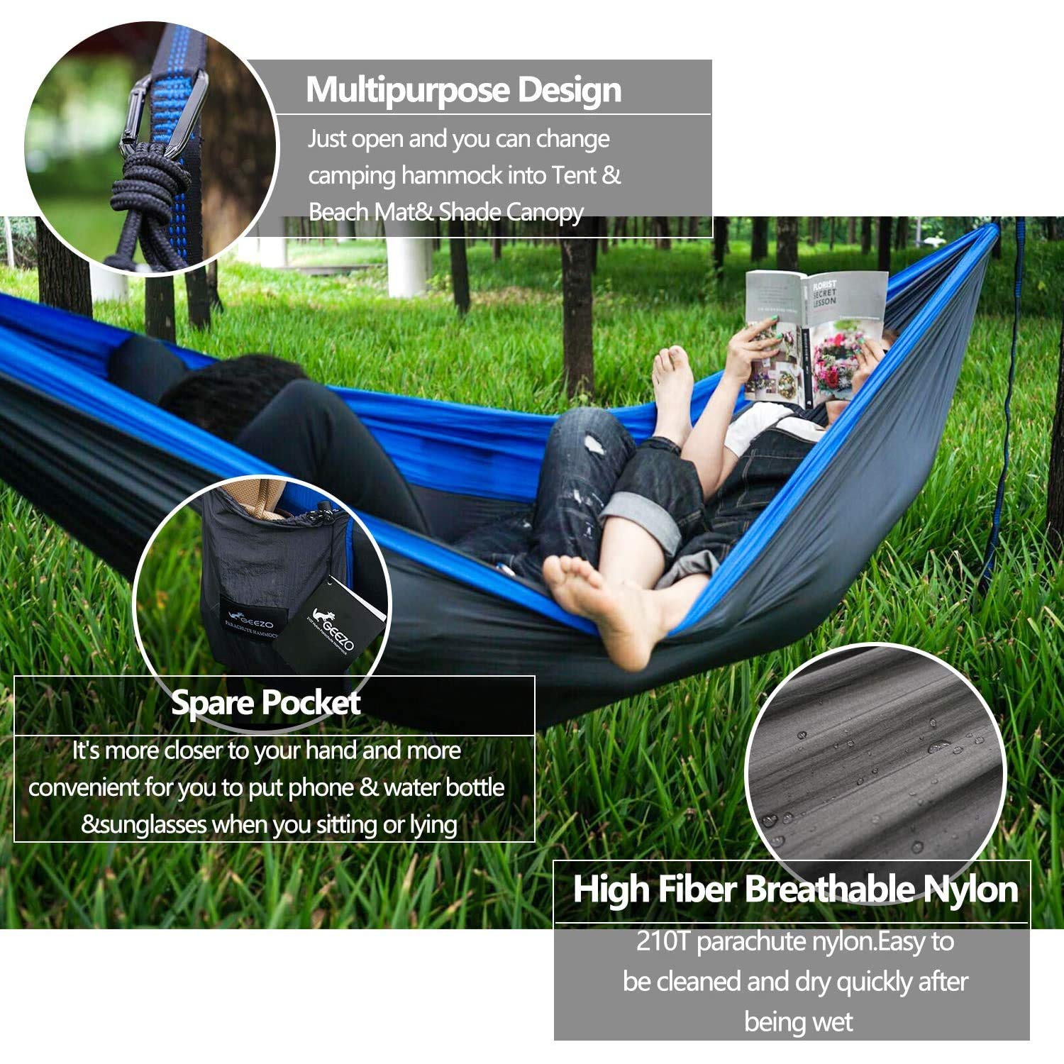 Double Camping Hammock, Lightweight Portable Parachute 500lbs Capacity Hammock for Backpacking, Camping, Travel, Beach, Garden