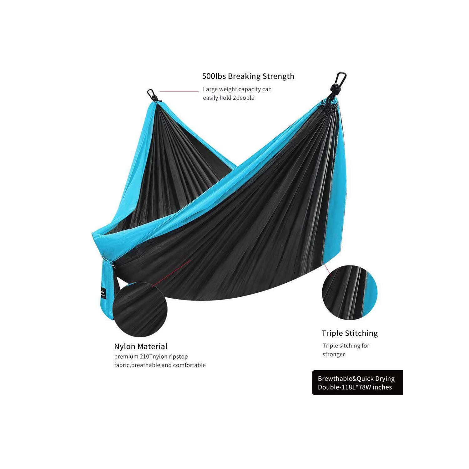 Hamac de camping double, parachute portatif léger hamac de 500lbs kg pour la randonnée, le camping, le voyage, la plage, le jardin