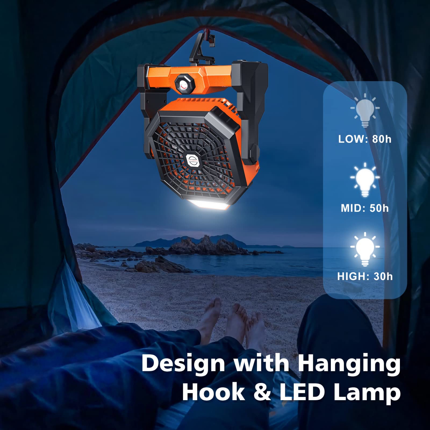 Camping Fan, Camping Fan Rechargeable with LED Lantern & Hanging Hook, Battery Operated Camping Fan for Tent, 270° Rotation, Portable USB Camping Fan