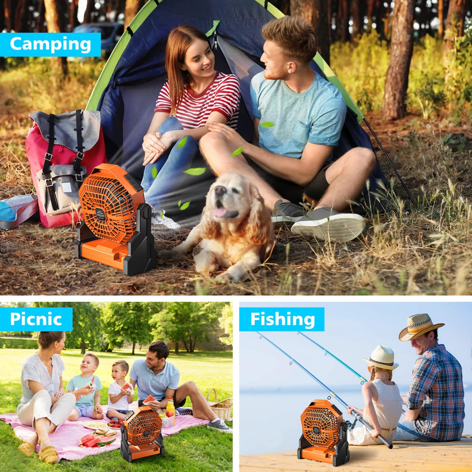 Camping Fan, Camping Fan Rechargeable with LED Lantern & Hanging Hook, Battery Operated Camping Fan for Tent, 270° Rotation, Portable USB Camping Fan