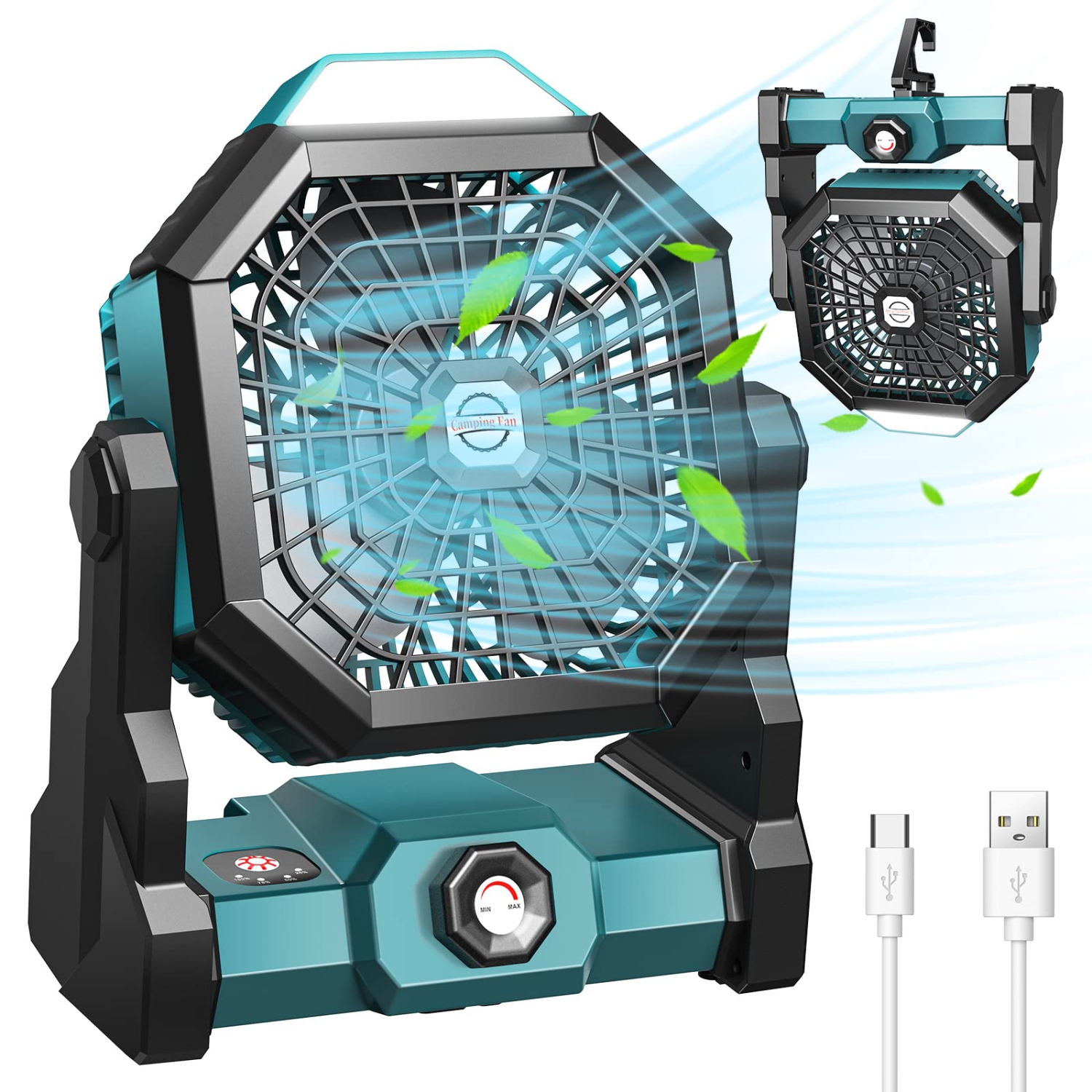 Camping Fan, Camping Fan Rechargeable with LED Lantern & Hanging Hook, Battery Operated Camping Fan for Tent, 270° Rotation, Portable USB Camping Fan