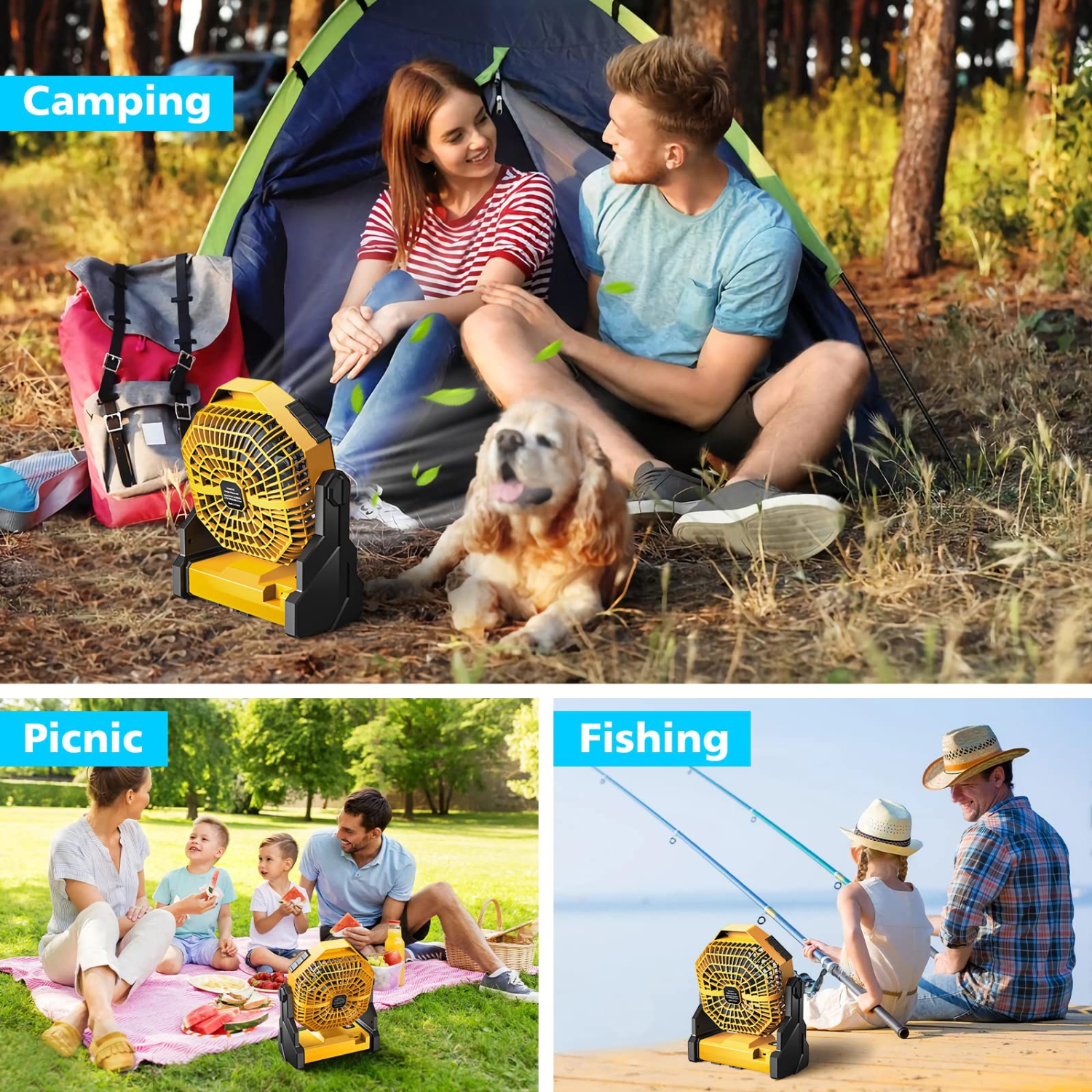 Camping Fan, Camping Fan Rechargeable with LED Lantern & Hanging Hook, Battery Operated Camping Fan for Tent, 270° Rotation, Portable USB Camping Fan