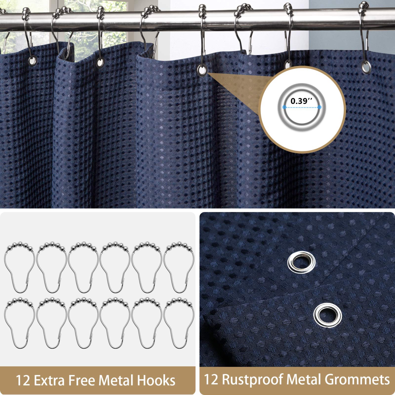 Rideau de douche gaufré à crochets en acier inoxydable - rideaux de bain en tissu robuste de 230 GSM, qualité de l'hôtel, résistant à l'eau, lavable