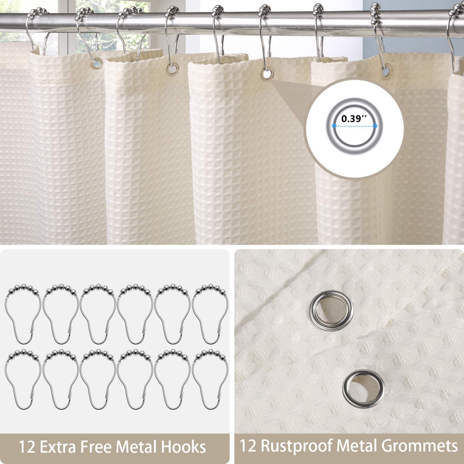Waffle Weave Shower Curtain with Stainless Steel Hooks - 230 GSM Heavy Duty Fabric Bath Curtains, Hotel Luxury Quality, Water Resistant, Machine