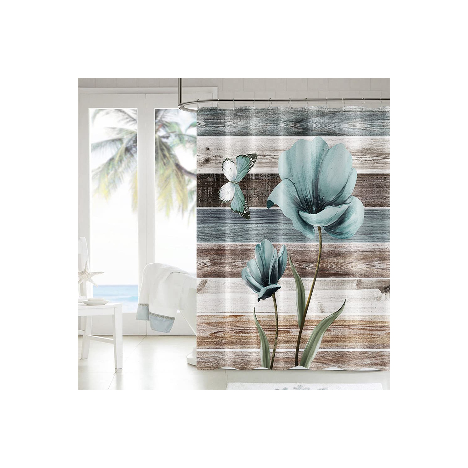 Rideau de douche rustique, rideau de douche à motif floral étanche, ensemble de rideaux de douche en polyester, rideau de bain lavable à la machine,