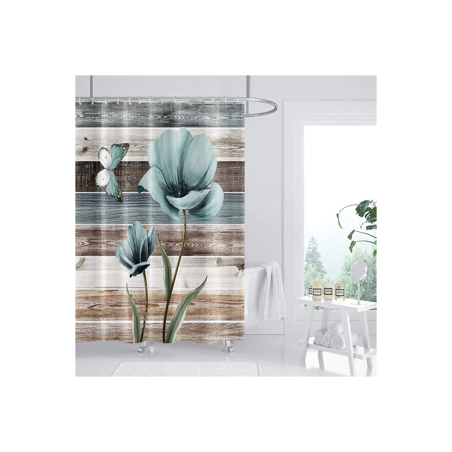 Rideau de douche rustique, rideau de douche à motif floral étanche, ensemble de rideaux de douche en polyester, rideau de bain lavable à la machine,