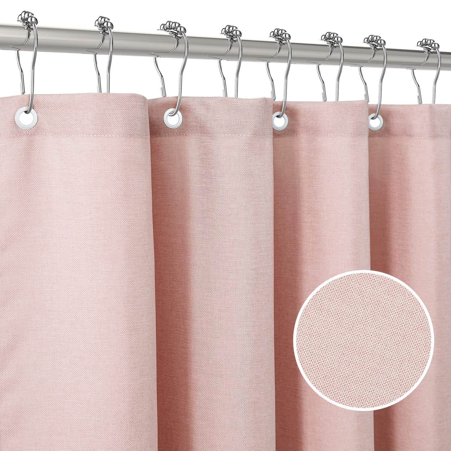 Linen Textured Shower Curtain with Stainless Steel Hooks - 230 GSM Heavy Duty Fabric Bath Curtains, Hotel Luxury Quality, Water Resistant, Machine