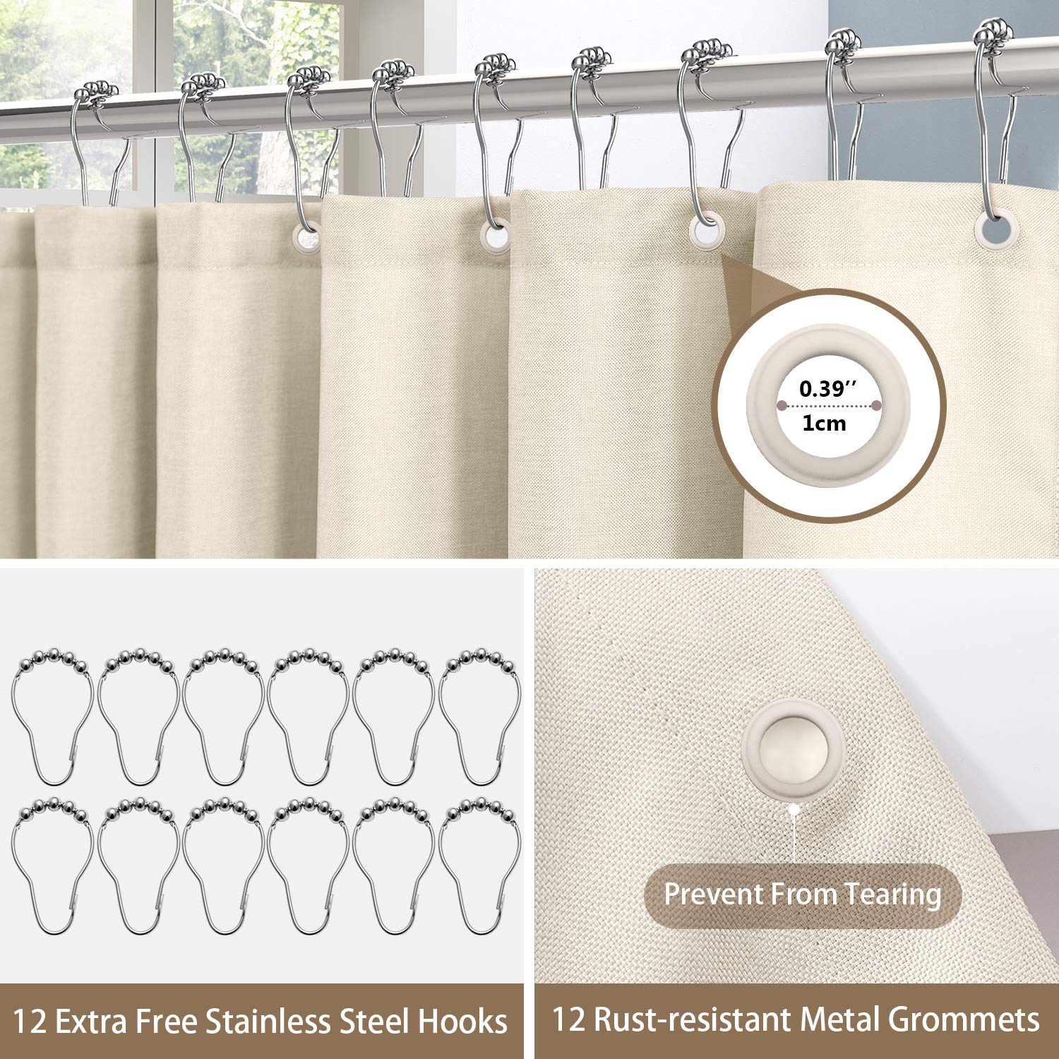 Linen Textured Shower Curtain with Stainless Steel Hooks - 230 GSM Heavy Duty Fabric Bath Curtains, Hotel Luxury Quality, Water Resistant, Machine