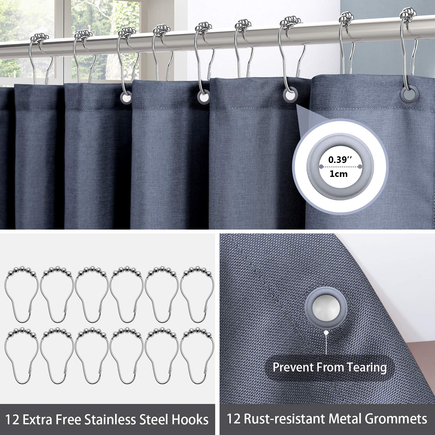 Linen Textured Shower Curtain with Stainless Steel Hooks - 230 GSM Heavy Duty Fabric Bath Curtains, Hotel Luxury Quality, Water Resistant, Machine