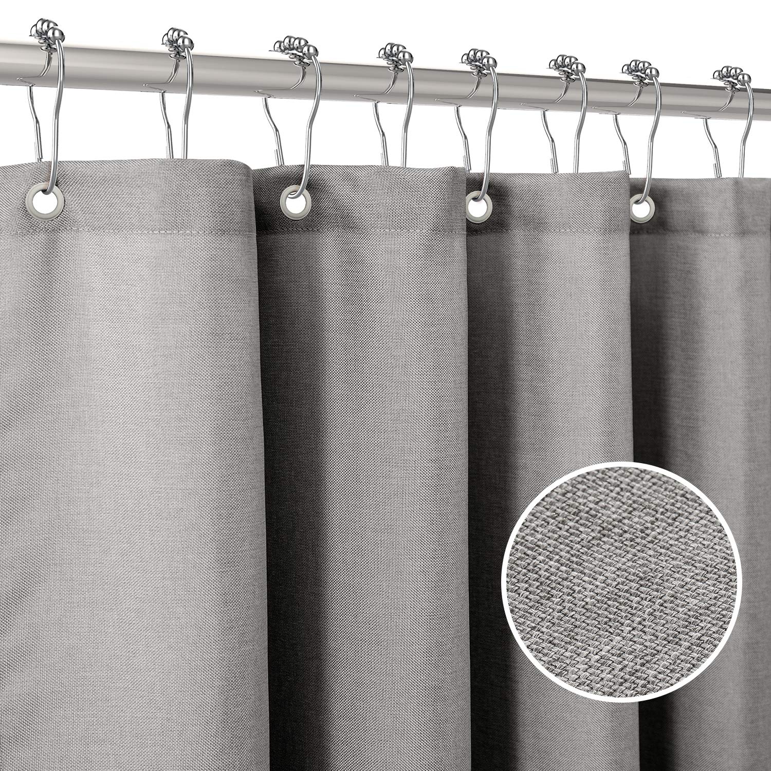 Linen Textured Shower Curtain with Stainless Steel Hooks - 230 GSM Heavy Duty Fabric Bath Curtains, Hotel Luxury Quality, Water Resistant, Machine