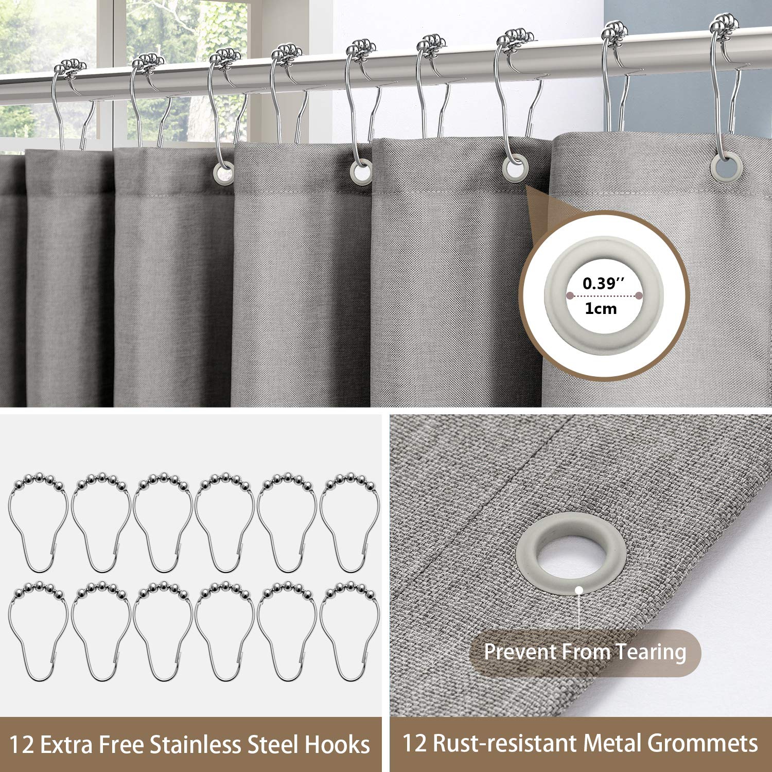 Linen Textured Shower Curtain with Stainless Steel Hooks - 230 GSM Heavy Duty Fabric Bath Curtains, Hotel Luxury Quality, Water Resistant, Machine