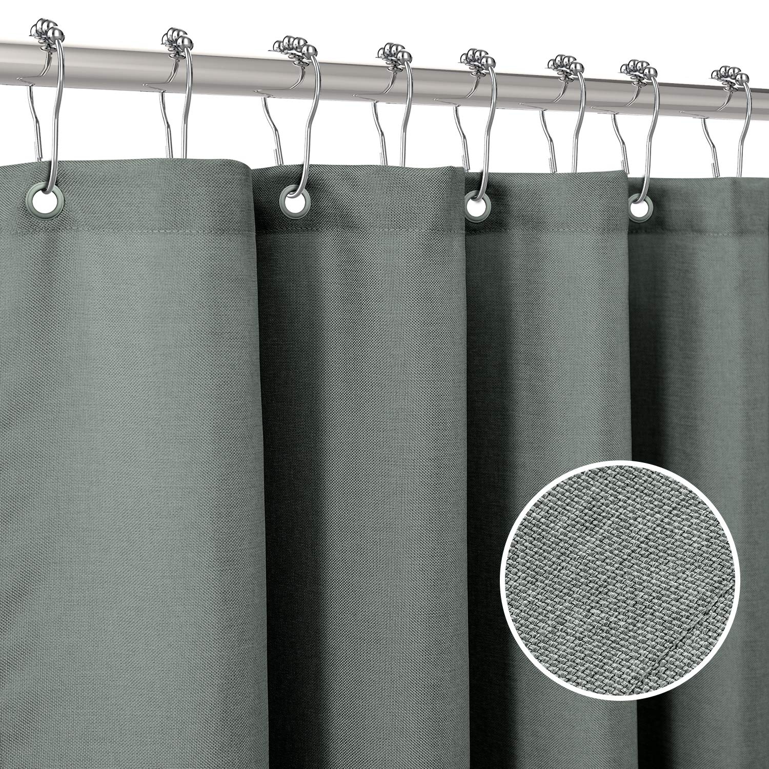 Linen Textured Shower Curtain with Stainless Steel Hooks - 230 GSM Heavy Duty Fabric Bath Curtains, Hotel Luxury Quality, Water Resistant, Machine