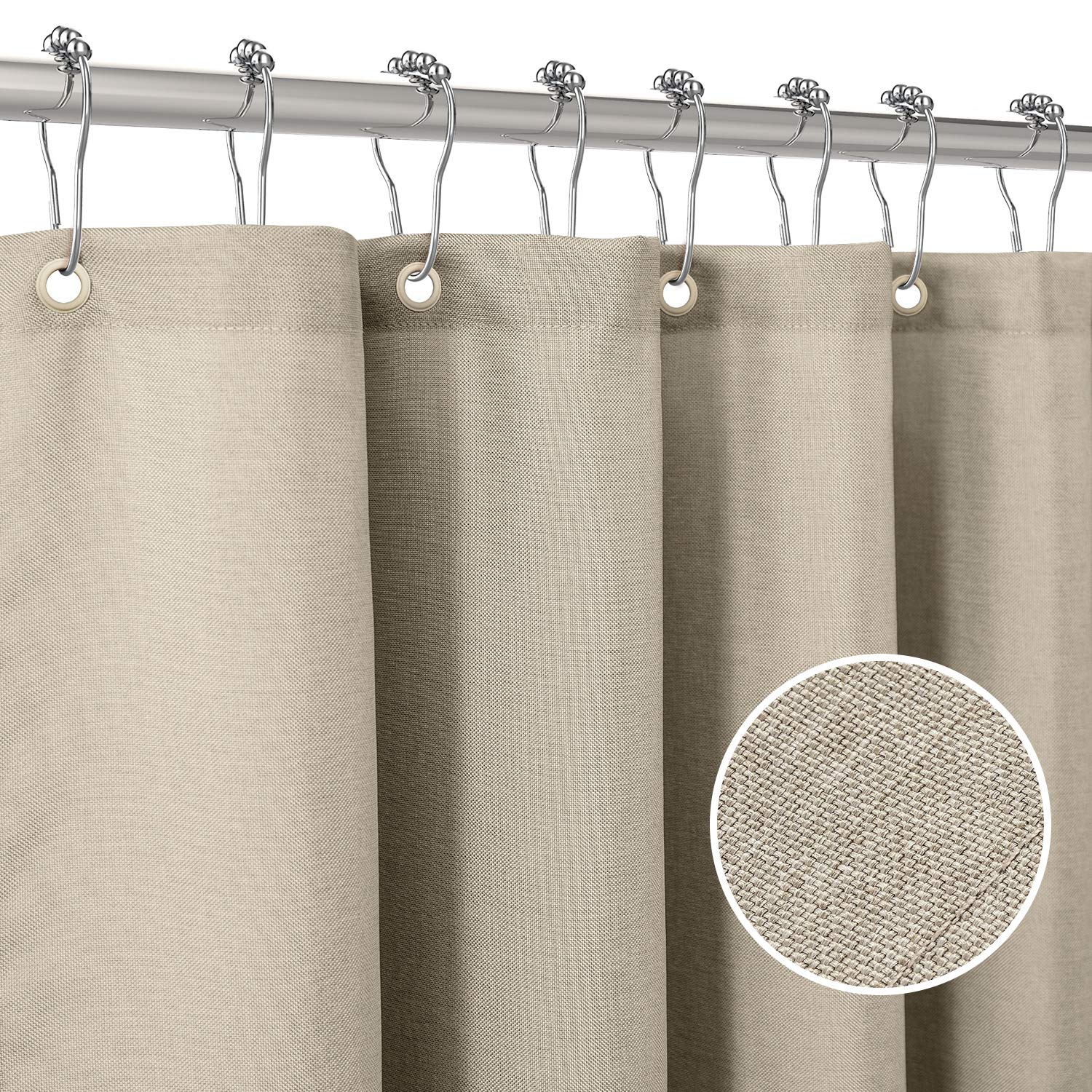 Linen Textured Shower Curtain with Stainless Steel Hooks - 230 GSM Heavy Duty Fabric Bath Curtains, Hotel Luxury Quality, Water Resistant, Machine