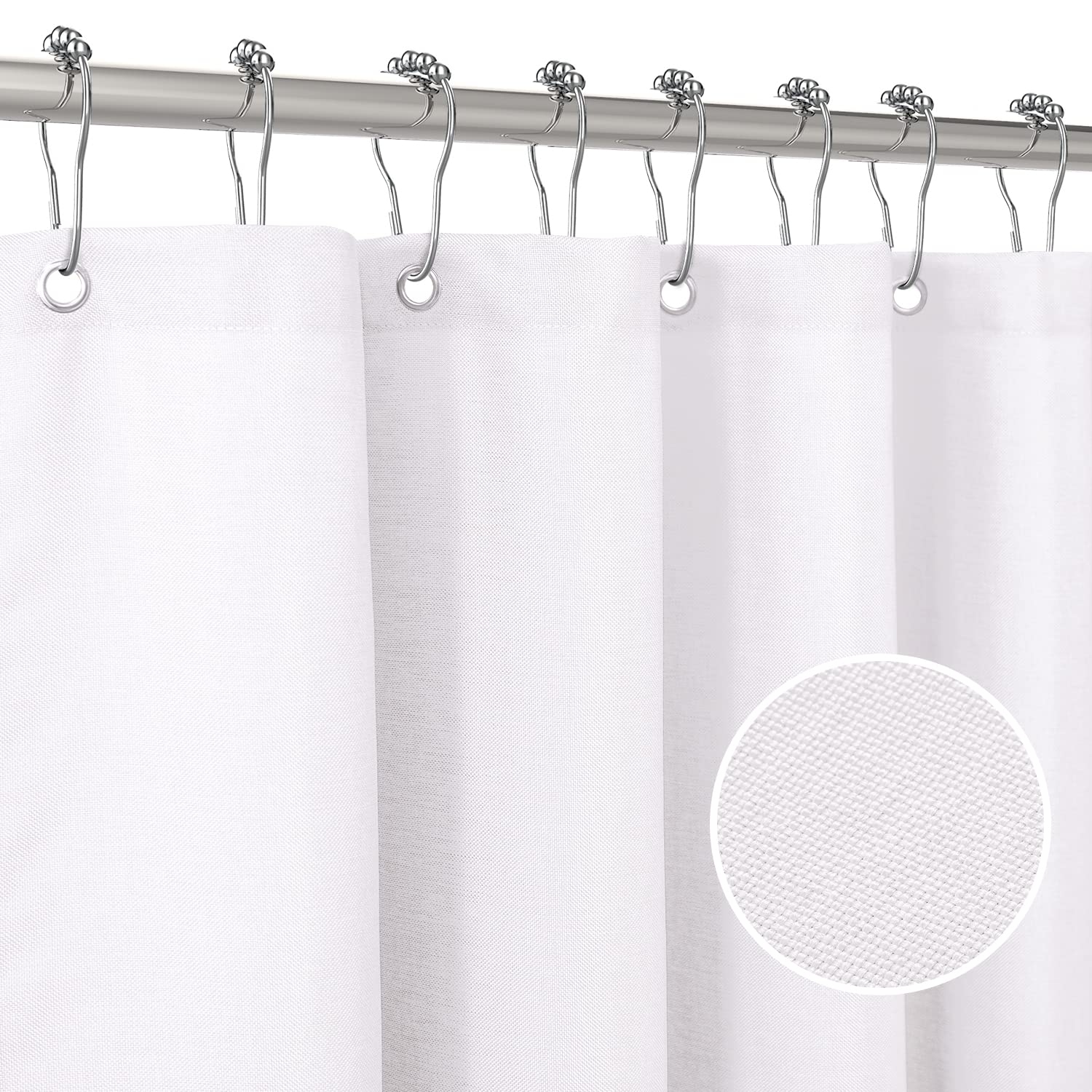 Linen Textured Shower Curtain with Stainless Steel Hooks - 230 GSM Heavy Duty Fabric Bath Curtains, Hotel Luxury Quality, Water Resistant, Machine
