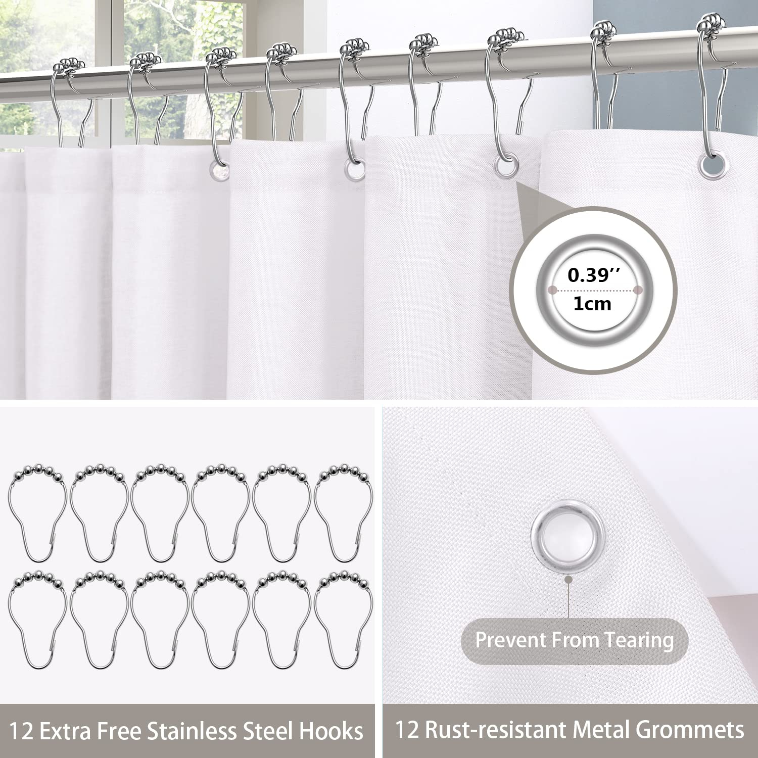 Linen Textured Shower Curtain with Stainless Steel Hooks - 230 GSM Heavy Duty Fabric Bath Curtains, Hotel Luxury Quality, Water Resistant, Machine